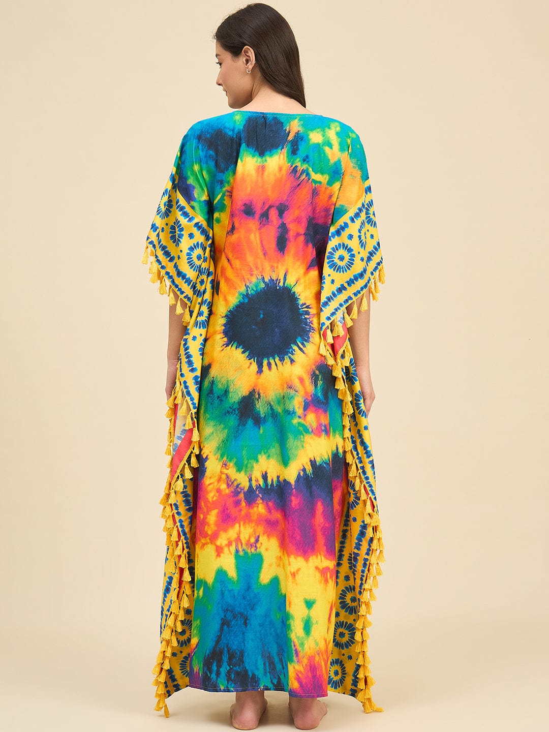 The Kaftan Company Kaftan Multicolor Burst Tie-Dye Printed Cotton Kaftan with Yellow Tassel Edges