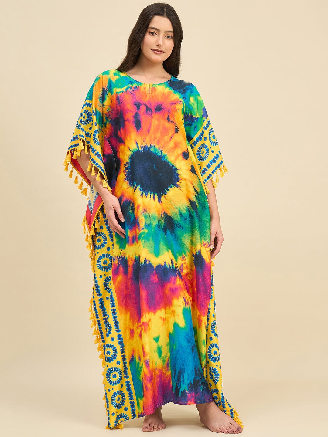 The Kaftan Company Kaftan Multicolor Burst Tie-Dye Printed Cotton Kaftan with Yellow Tassel Edges