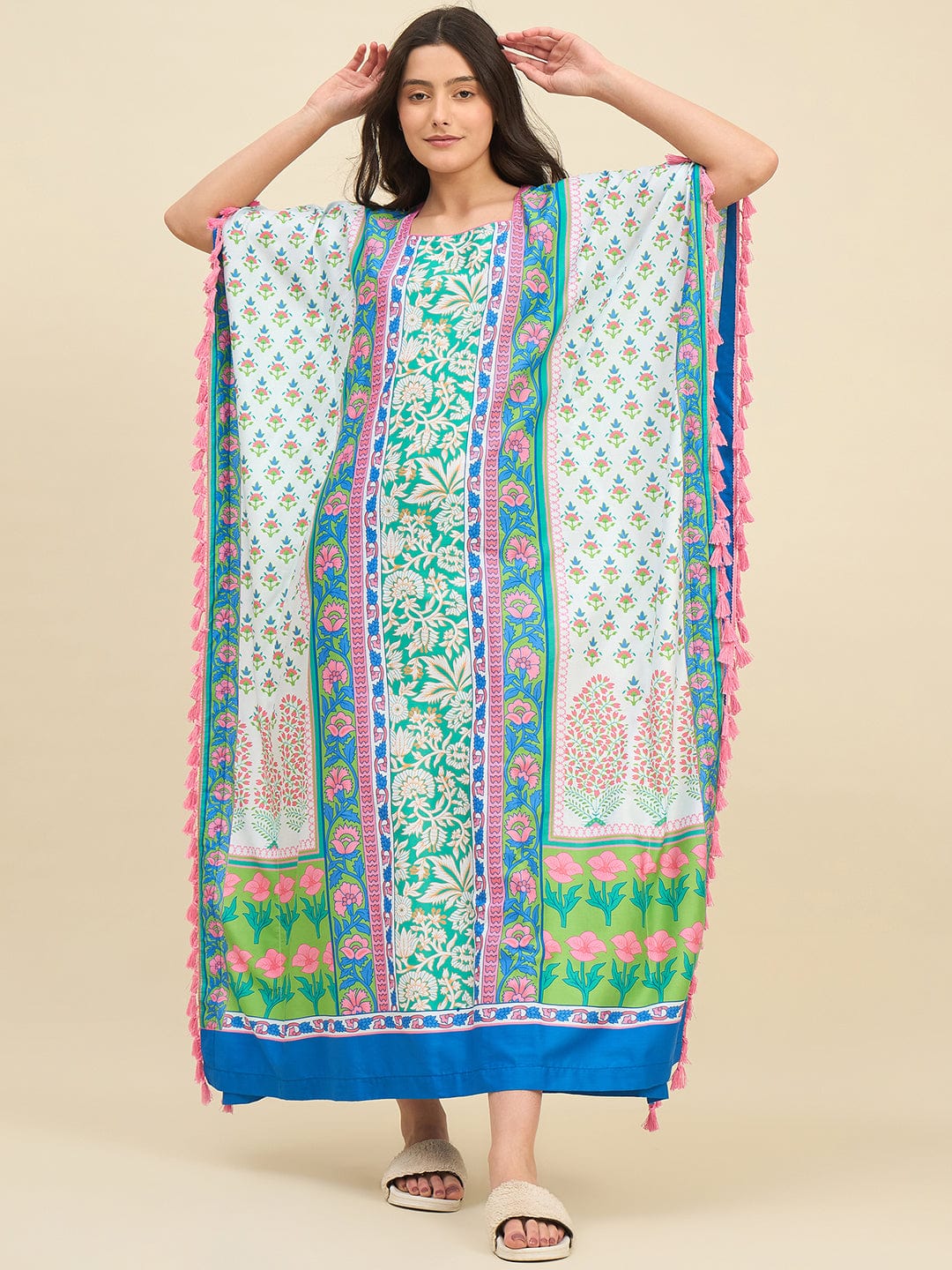 The Kaftan Company Kaftan Multicolor Floral Printed Kaftan – Square Neckline with Tassel Detail