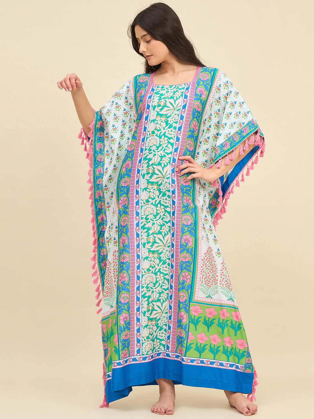 The Kaftan Company Kaftan Multicolor Floral Printed Kaftan – Square Neckline with Tassel Detail