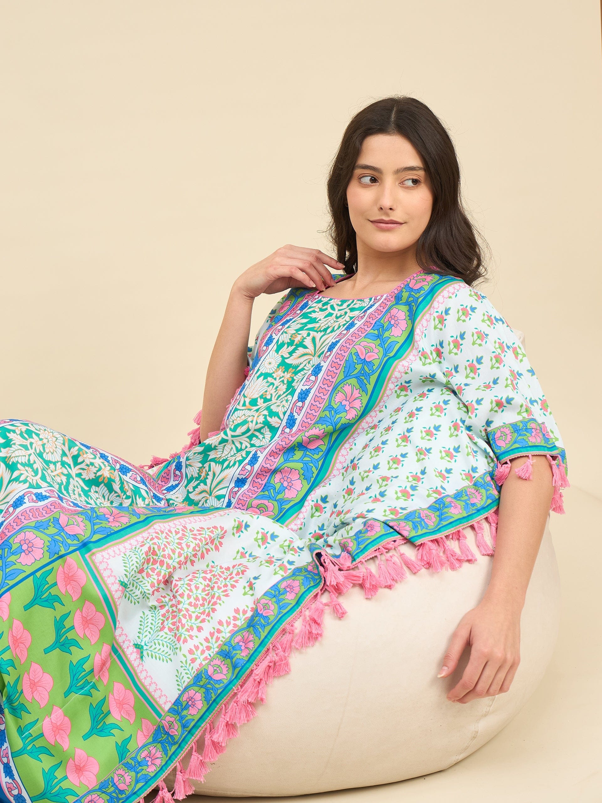 The Kaftan Company Kaftan Multicolor Floral Printed Kaftan – Square Neckline with Tassel Detail