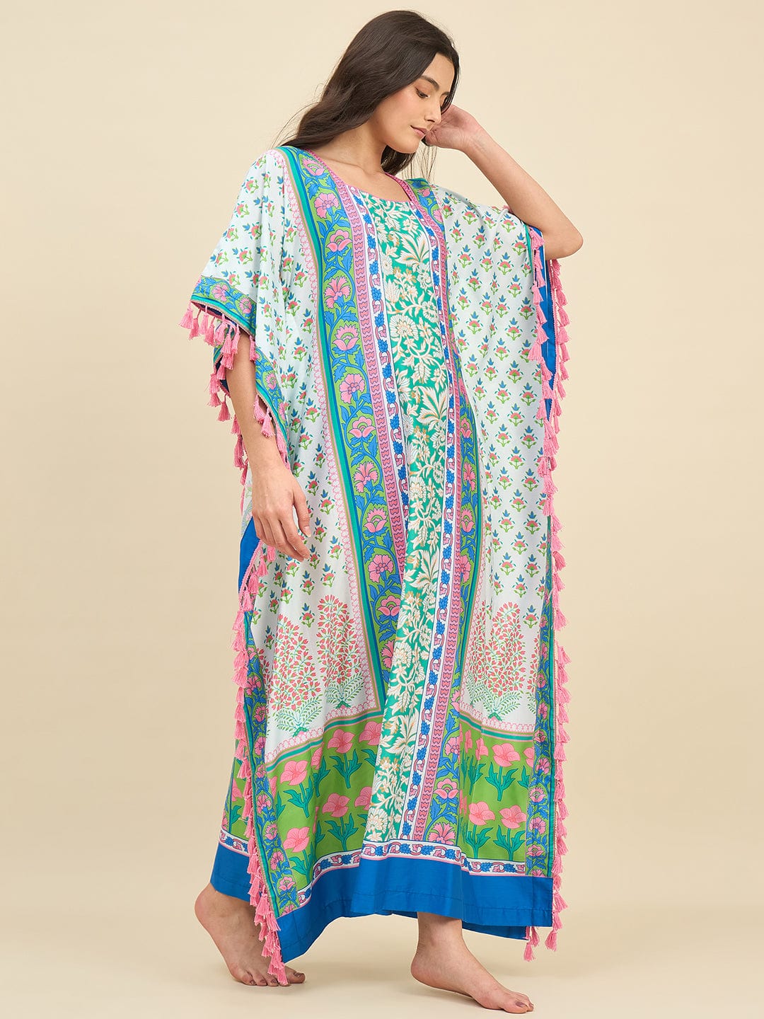 The Kaftan Company Kaftan Multicolor Floral Printed Kaftan – Square Neckline with Tassel Detail