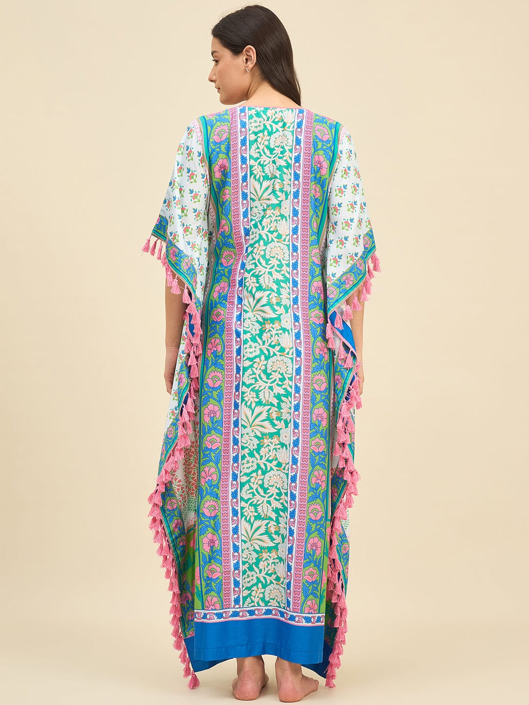 The Kaftan Company Kaftan Multicolor Floral Printed Kaftan – Square Neckline with Tassel Detail