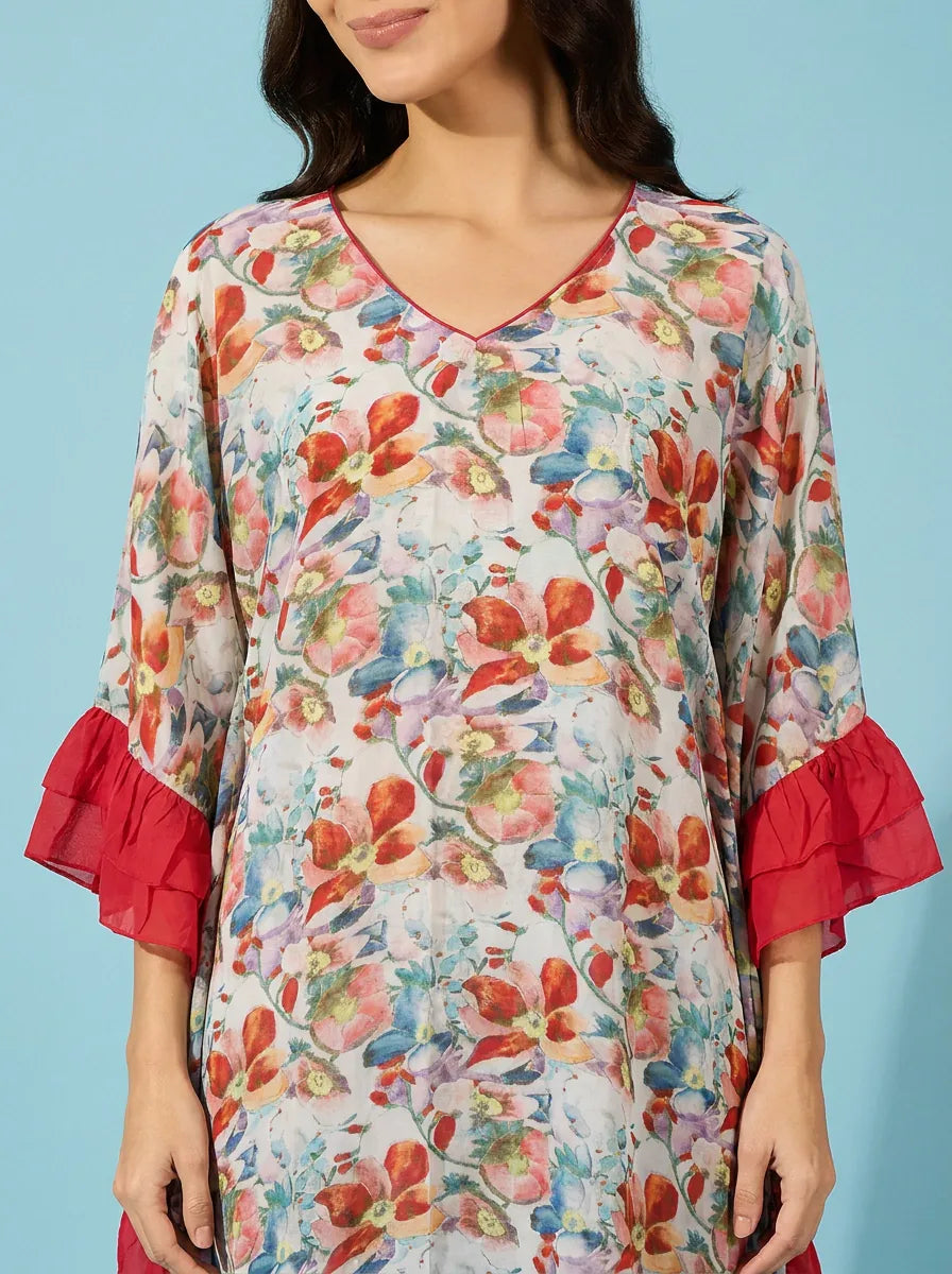 The Kaftan Company Kaftan Multicolour Floral Print Kaftan with Red Ruffle Trim