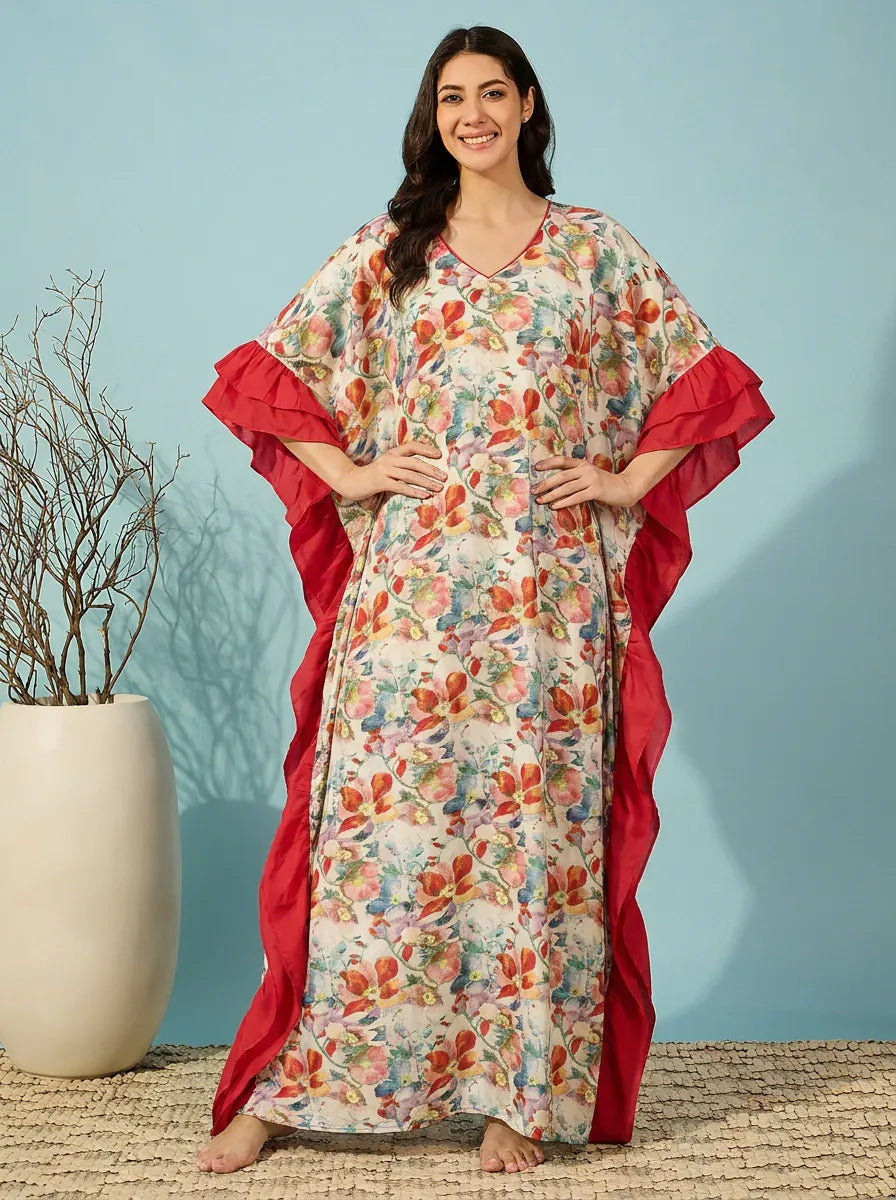 The Kaftan Company Kaftan Multicolour Floral Print Kaftan with Red Ruffle Trim