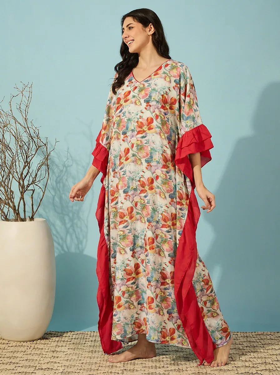 The Kaftan Company Kaftan Multicolour Floral Print Kaftan with Red Ruffle Trim