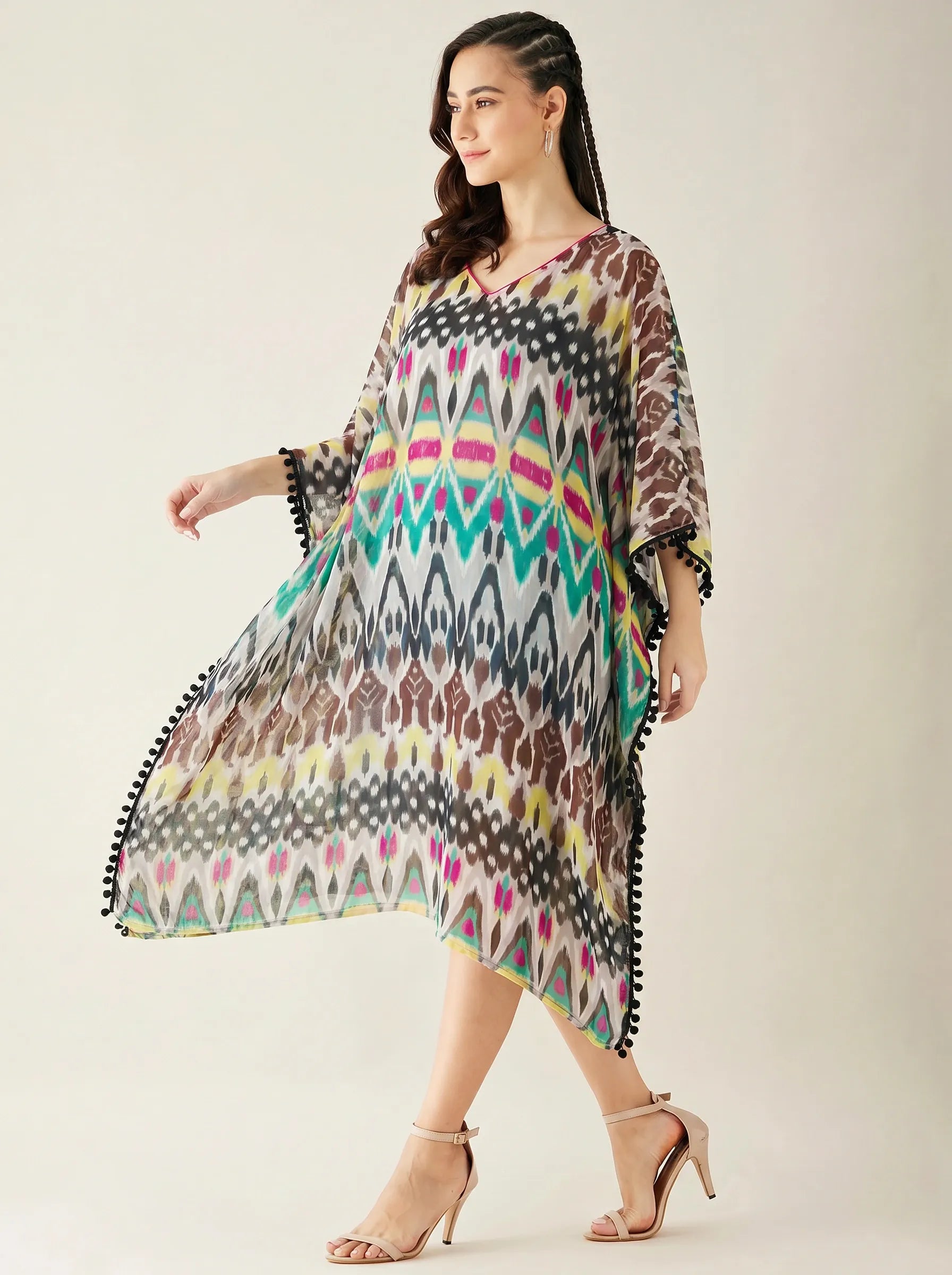 The Kaftan Company Kaftan Multicolour Ikat Print Georgette Beach Kaftan with Black Pom-Pom Trim