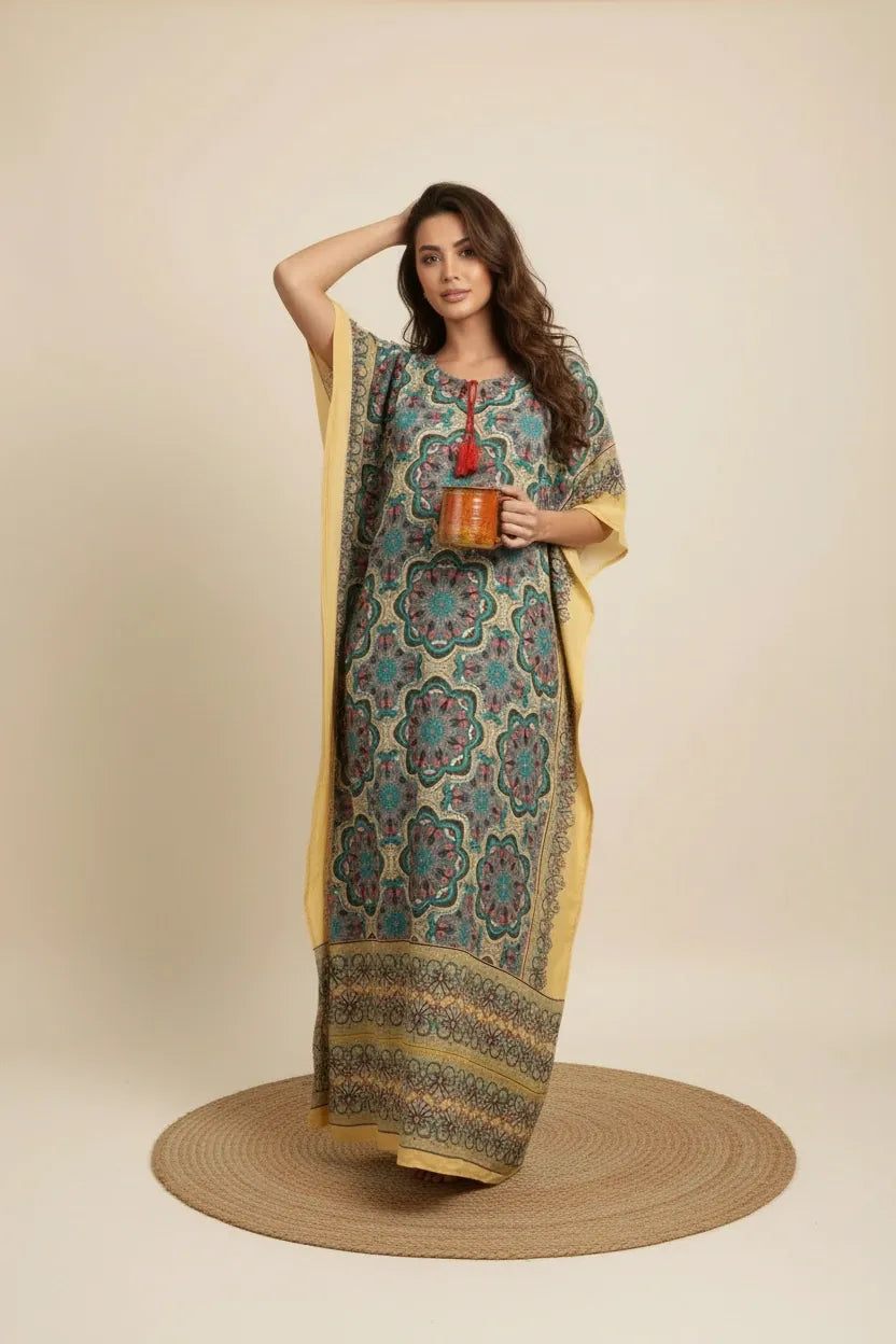 The Kaftan Company Kaftan Multicolour Mandala Printed Viscose Crepe Kaftan