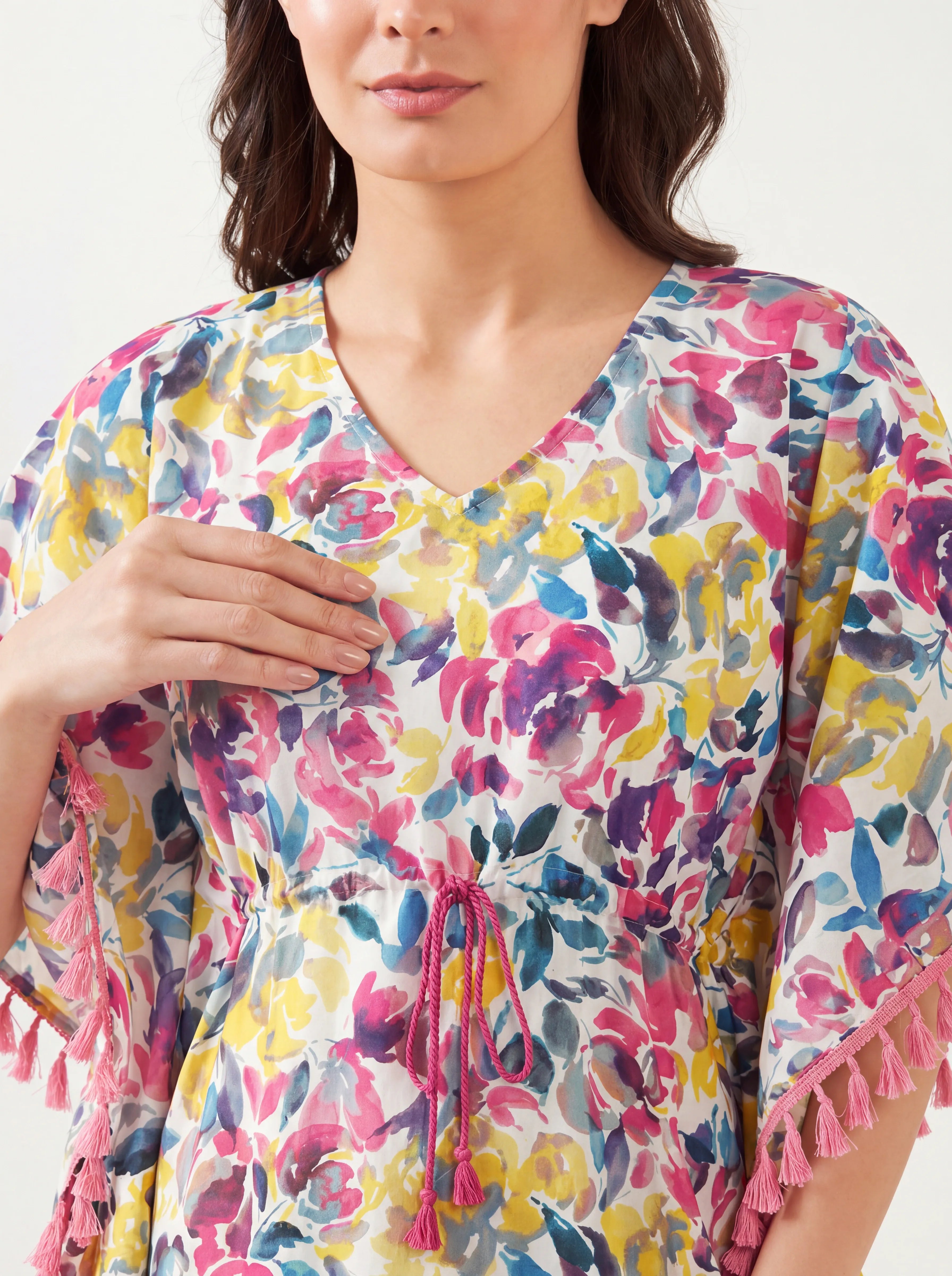 The Kaftan Company Kaftan Multicolour Watercolour Floral Cotton Kaftan with Pink Tassel Trim