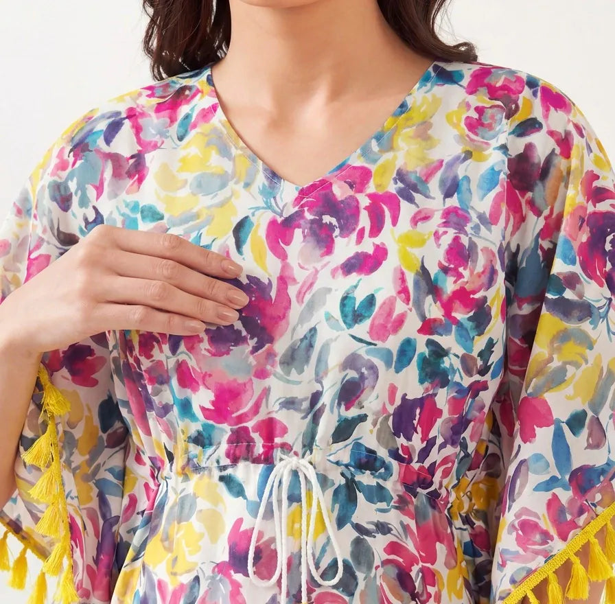 The Kaftan Company Kaftan Multicolour Watercolour Floral Cotton Kaftan with Pink Tassel Trim