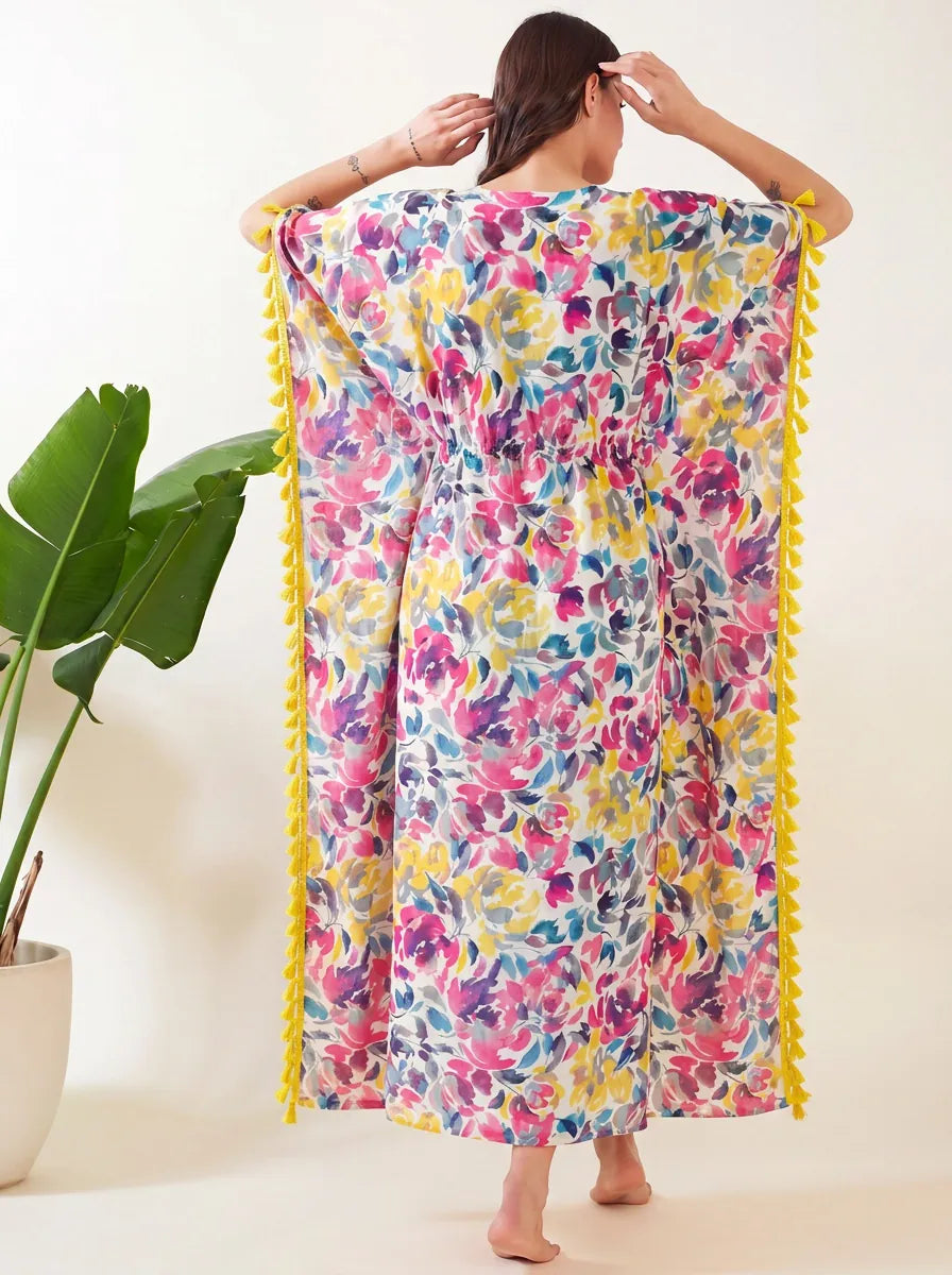 The Kaftan Company Kaftan Multicolour Watercolour Floral Cotton Kaftan with Pink Tassel Trim