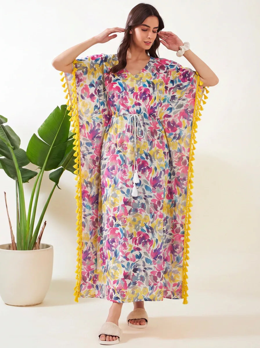 The Kaftan Company Kaftan Multicolour Watercolour Floral Cotton Kaftan with Pink Tassel Trim