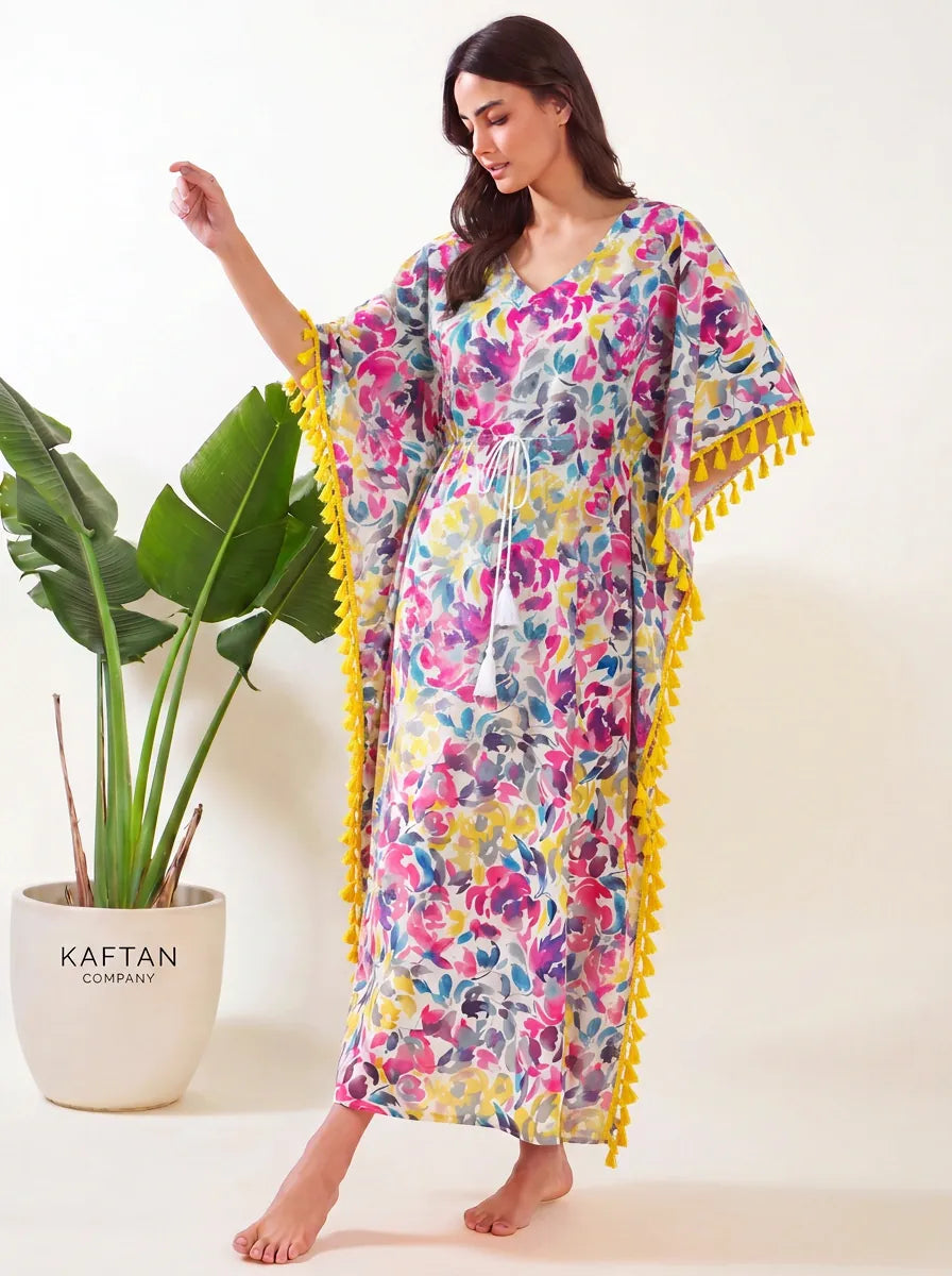 The Kaftan Company Kaftan Multicolour Watercolour Floral Cotton Kaftan with Pink Tassel Trim