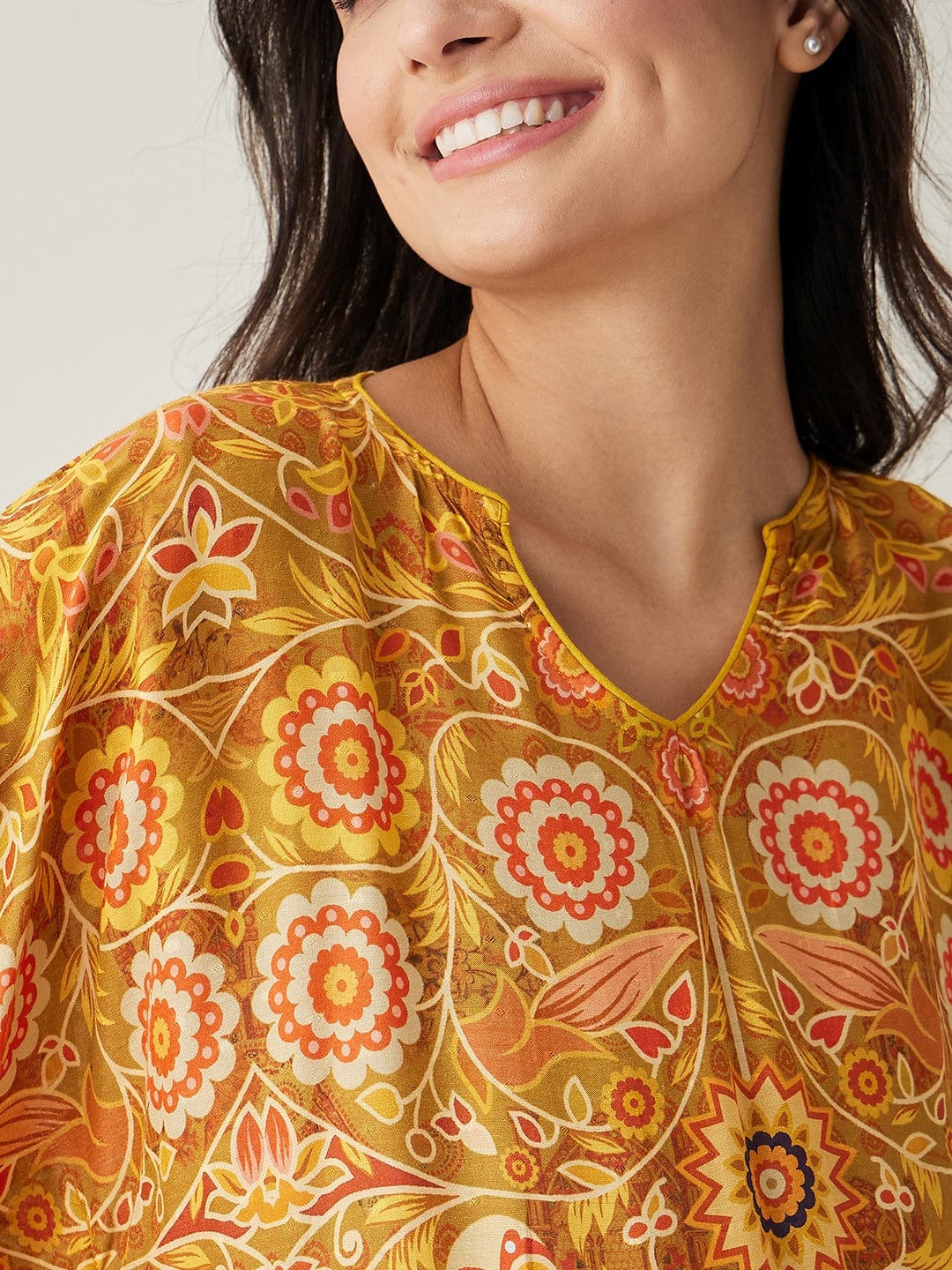 The Kaftan Company Kaftan Mustard Intricate Floral Printed Maternity Kaftan