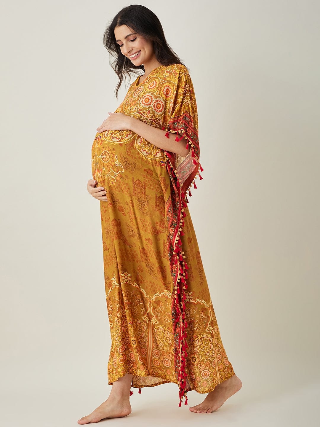 The Kaftan Company Kaftan Mustard Intricate Floral Printed Maternity Kaftan