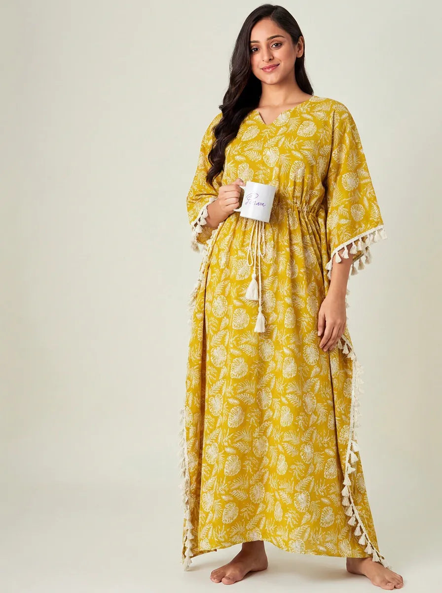 The Kaftan Company Kaftan Mustard Yellow Tropical Leaf Print Kaftan with Waist Tie and Tassel Trim