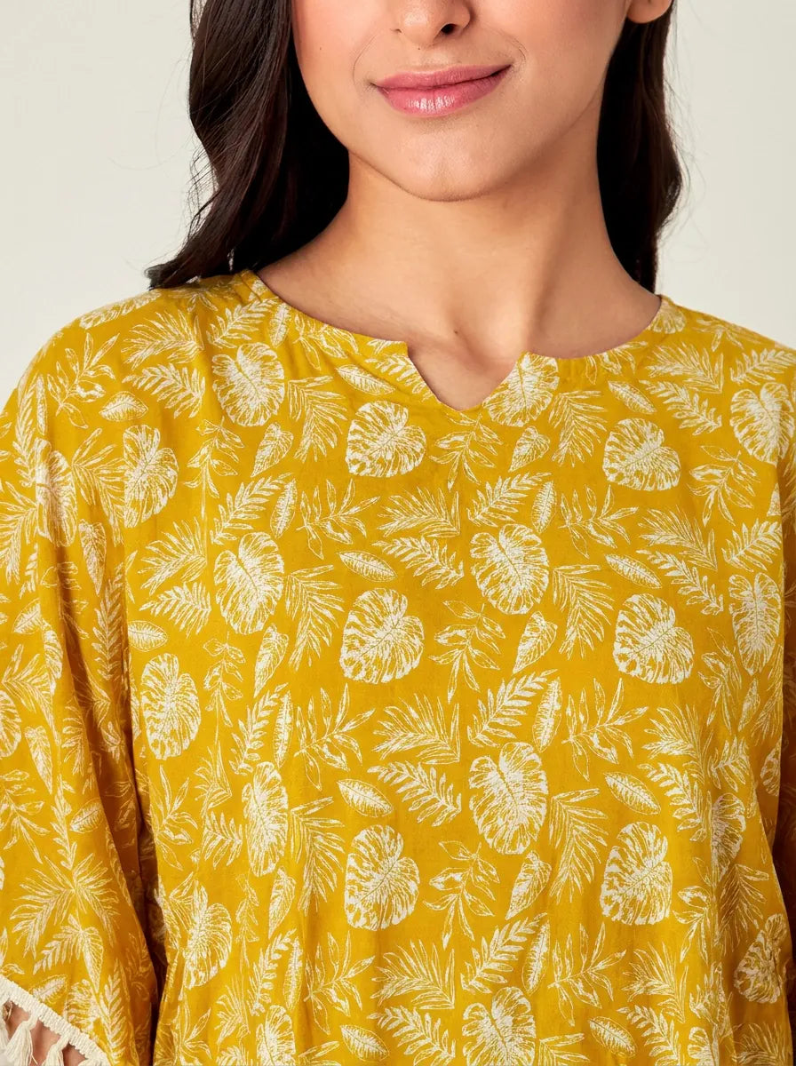 The Kaftan Company Kaftan Mustard Yellow Tropical Leaf Print Kaftan with Waist Tie and Tassel Trim