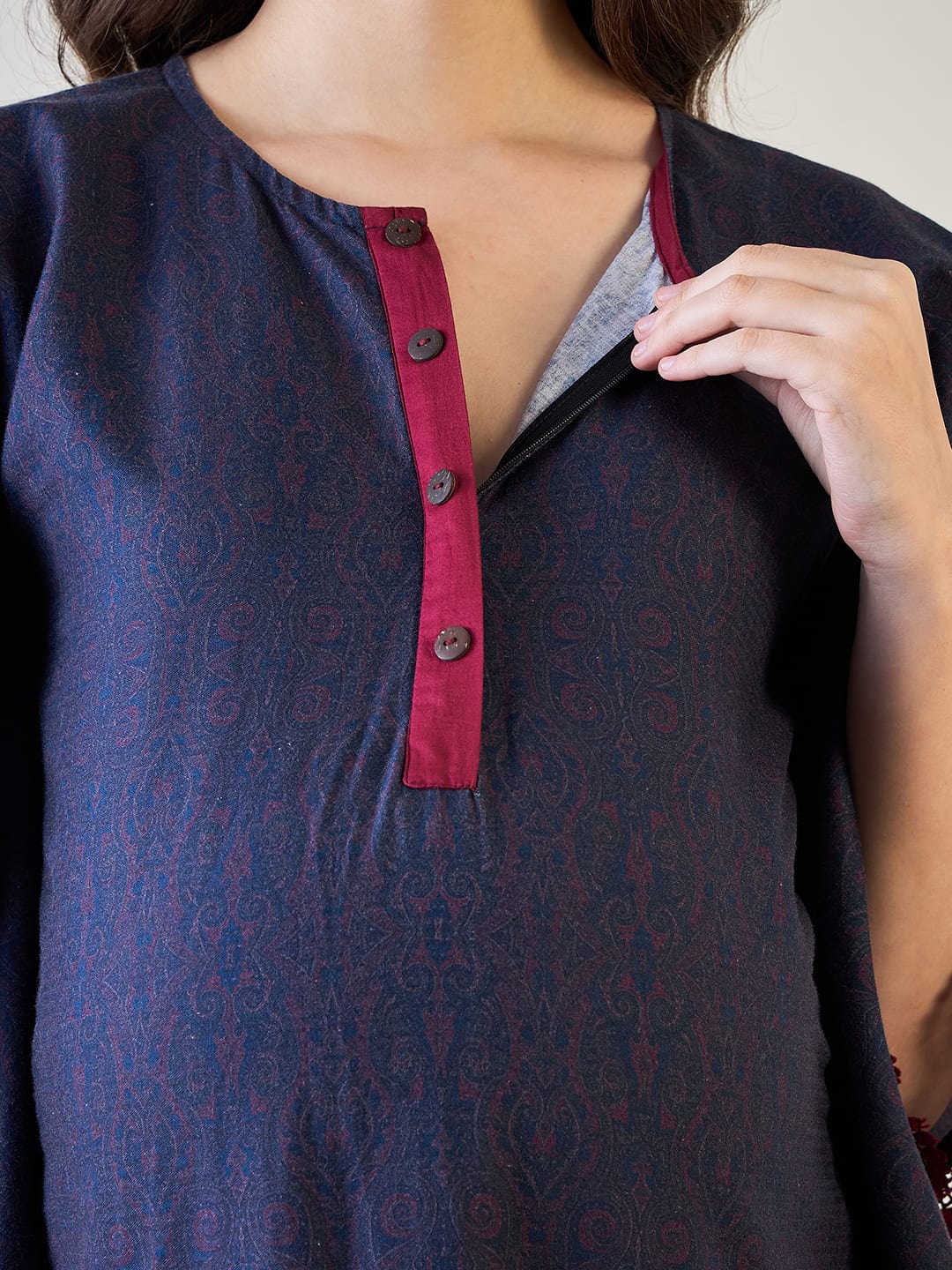 The Kaftan Company Kaftan Navy Blue and Red Paisley Print Maternity Kaftan with Feeding Zip