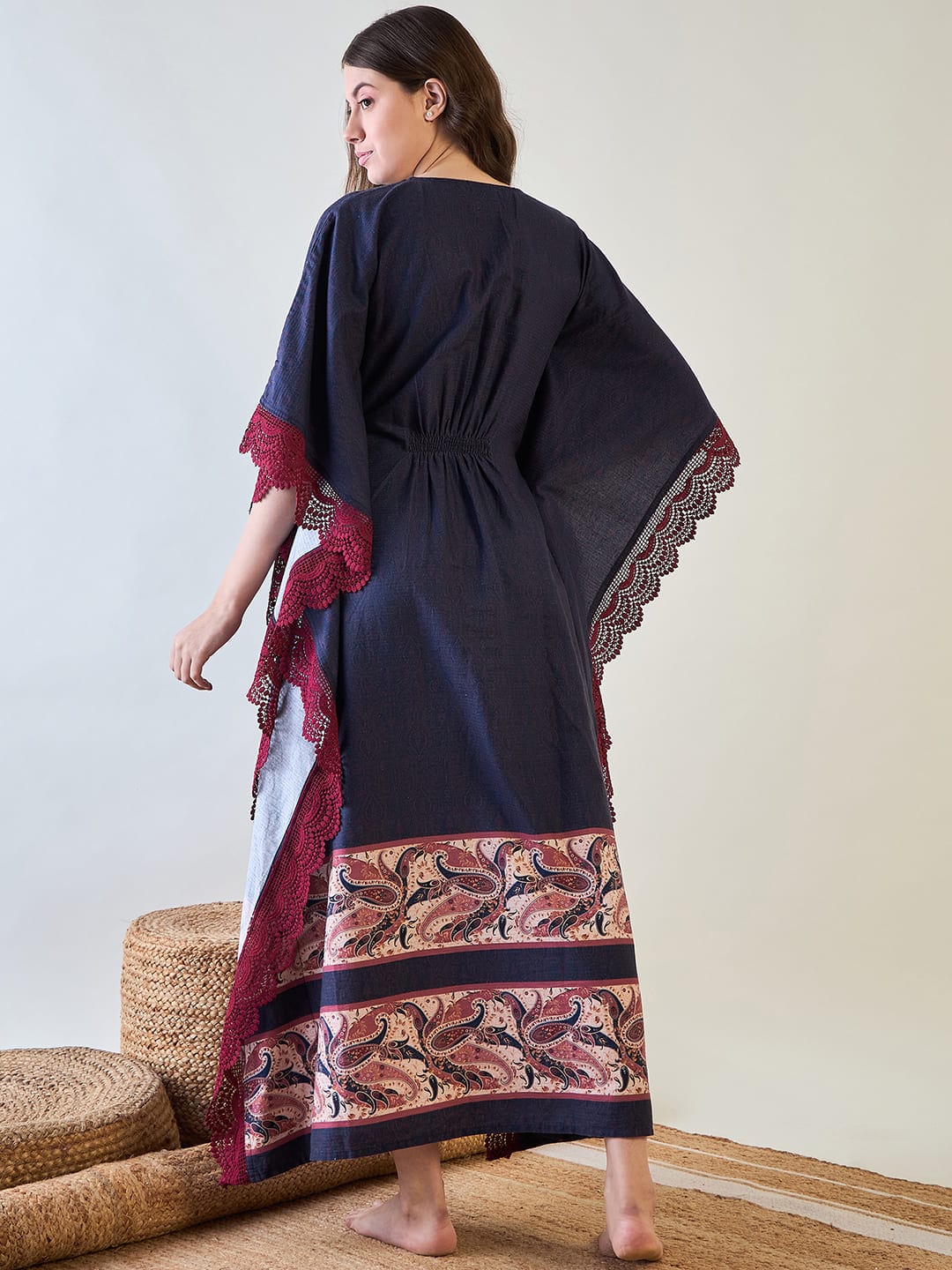 The Kaftan Company Kaftan Navy Blue and Red Paisley Print Maternity Kaftan with Feeding Zip