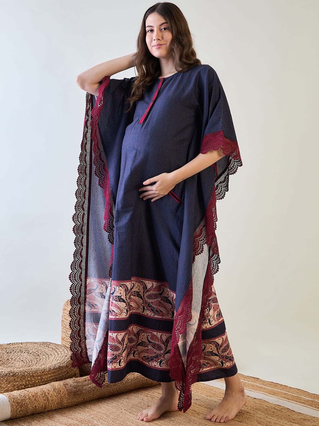 The Kaftan Company Kaftan Navy Blue and Red Paisley Print Maternity Kaftan with Feeding Zip