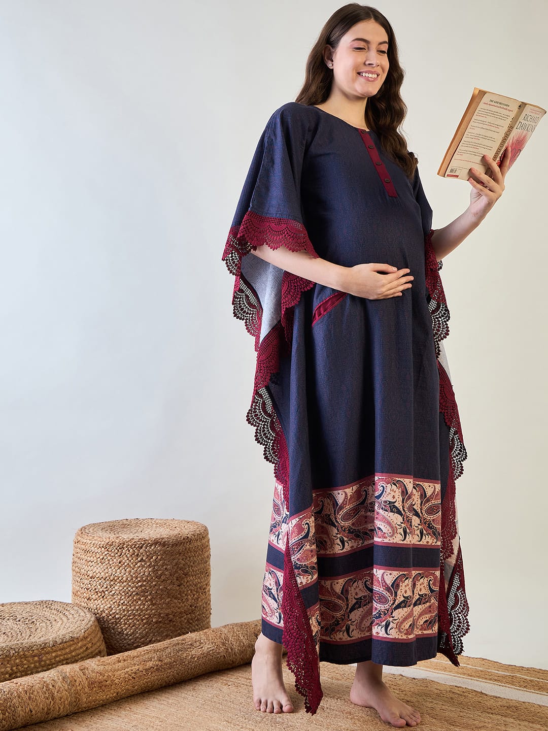 The Kaftan Company Kaftan Navy Blue and Red Paisley Print Maternity Kaftan with Feeding Zip