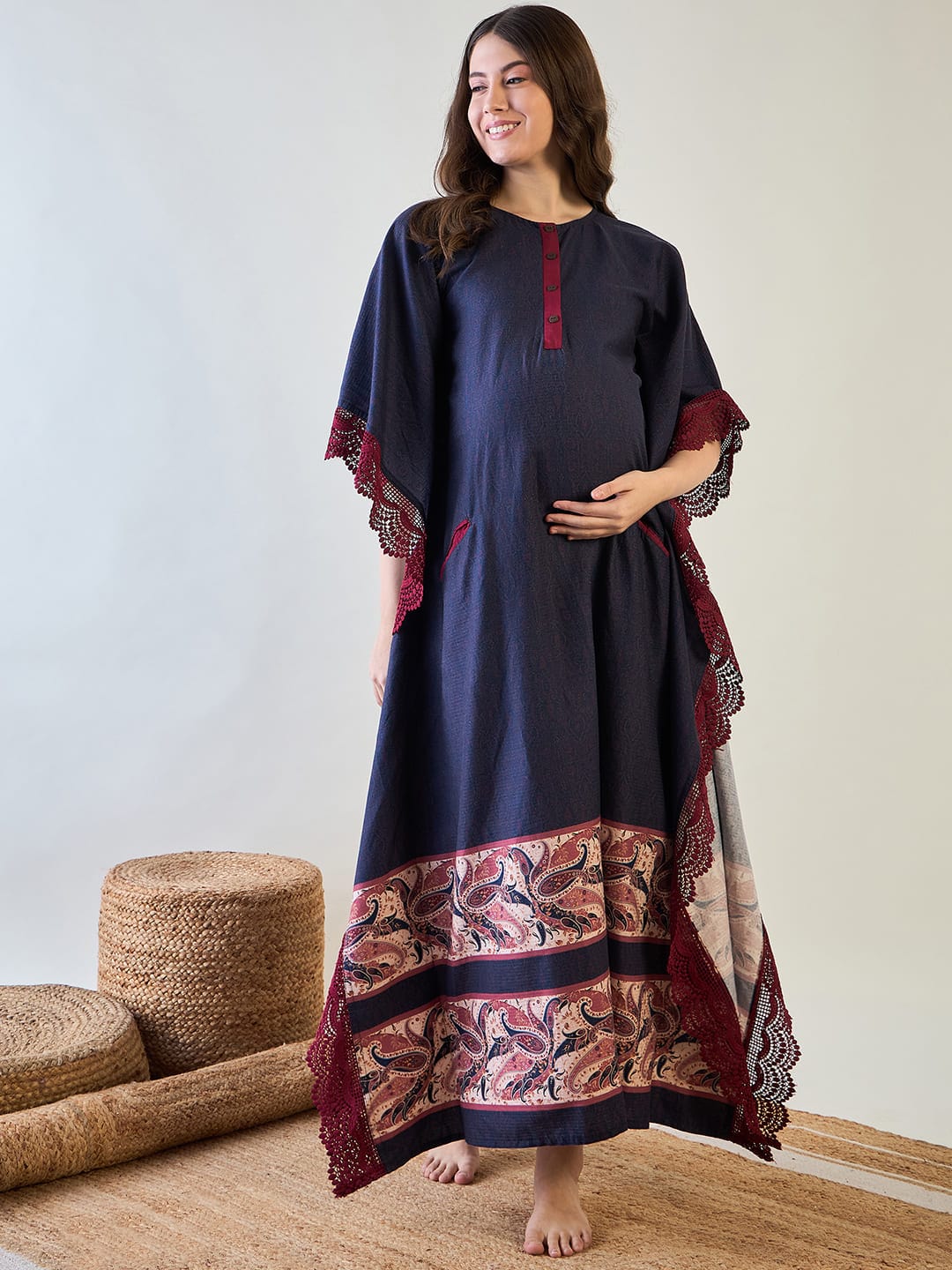 The Kaftan Company Kaftan Navy Blue and Red Paisley Print Maternity Kaftan with Feeding Zip