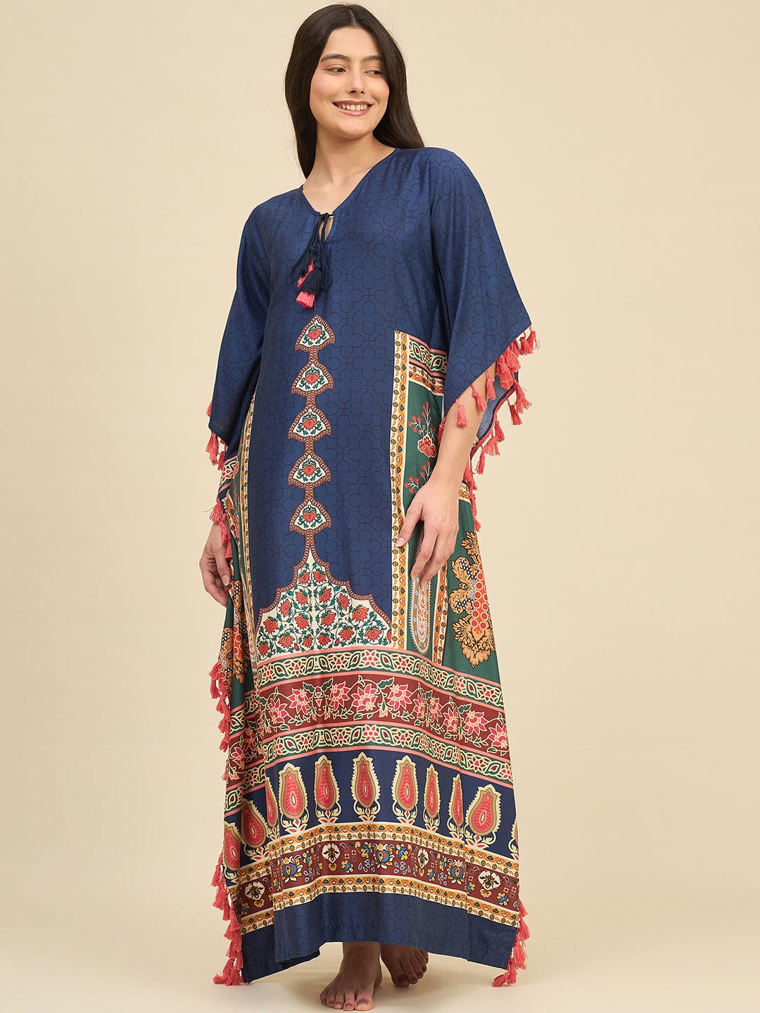 The Kaftan Company Kaftan Navy Blue Ethnic Printed Kaftan – Tassel Tie-Up & Statement Borders