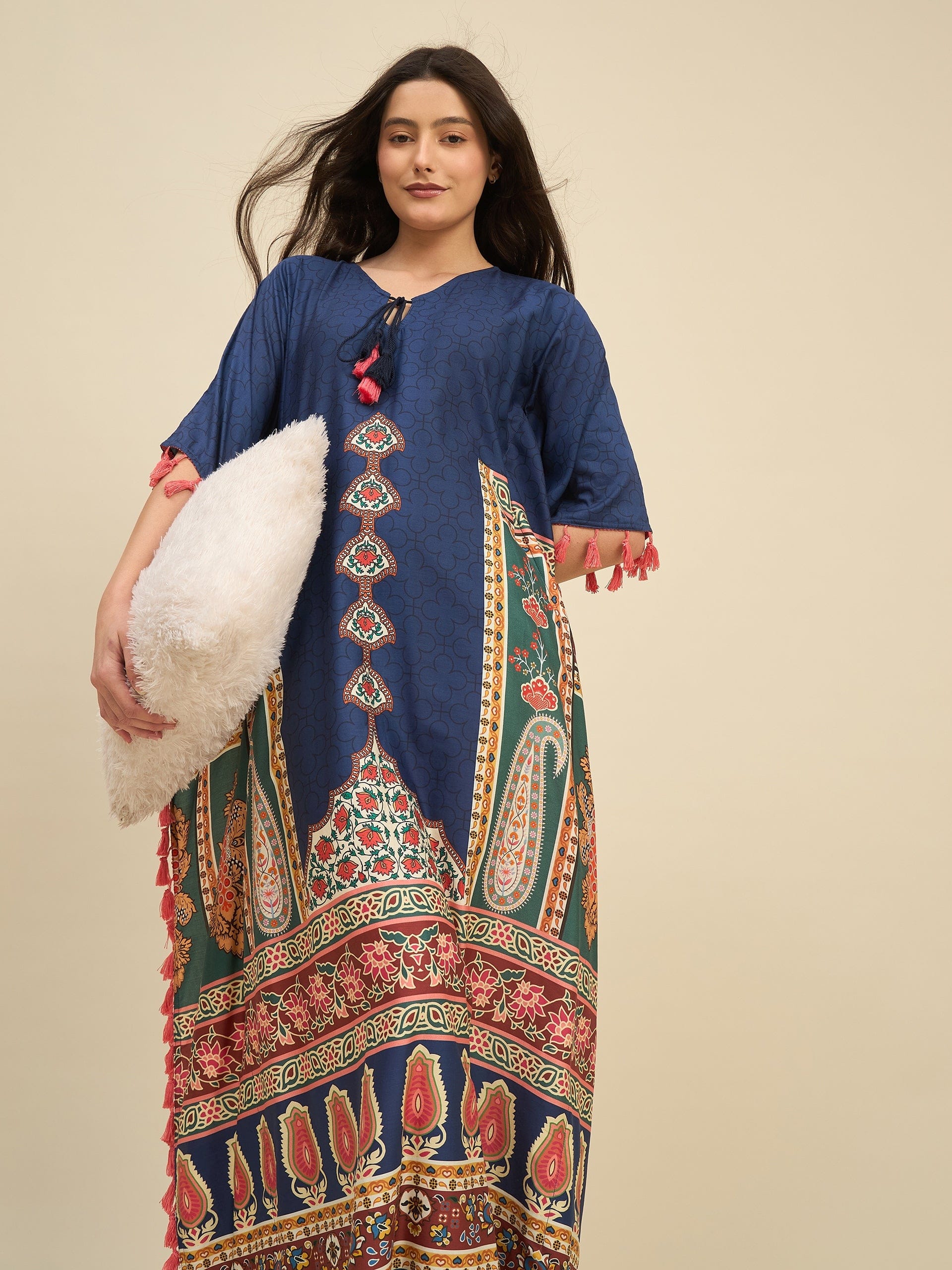 The Kaftan Company Kaftan Navy Blue Ethnic Printed Kaftan – Tassel Tie-Up & Statement Borders