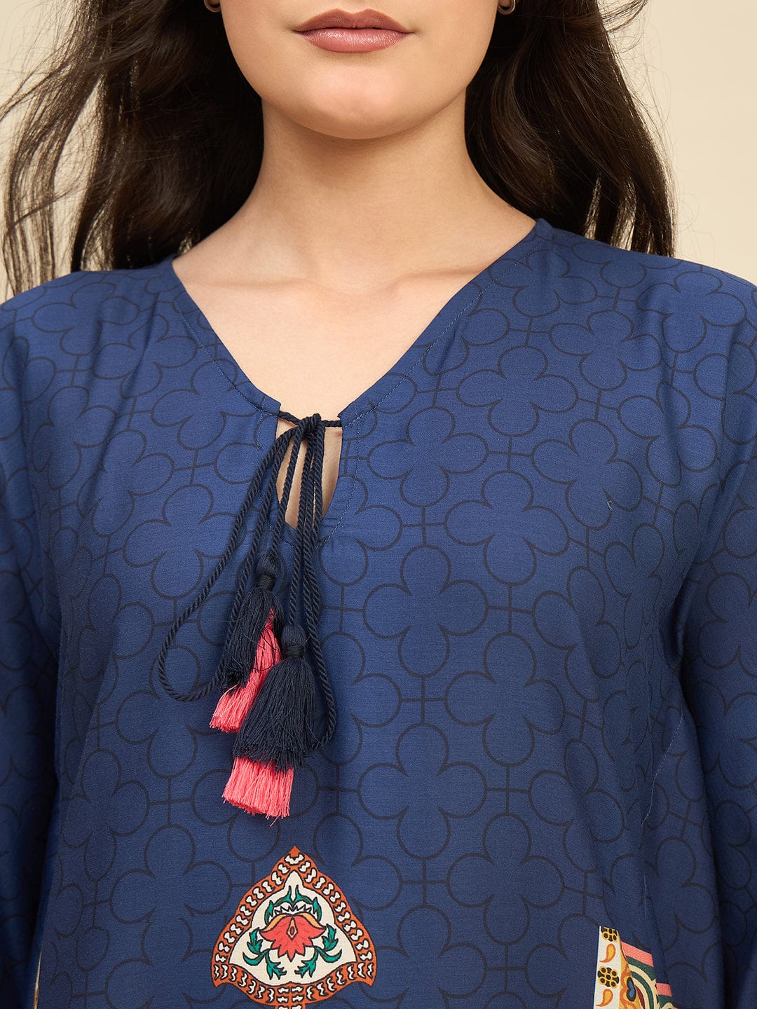 The Kaftan Company Kaftan Navy Blue Ethnic Printed Kaftan – Tassel Tie-Up & Statement Borders