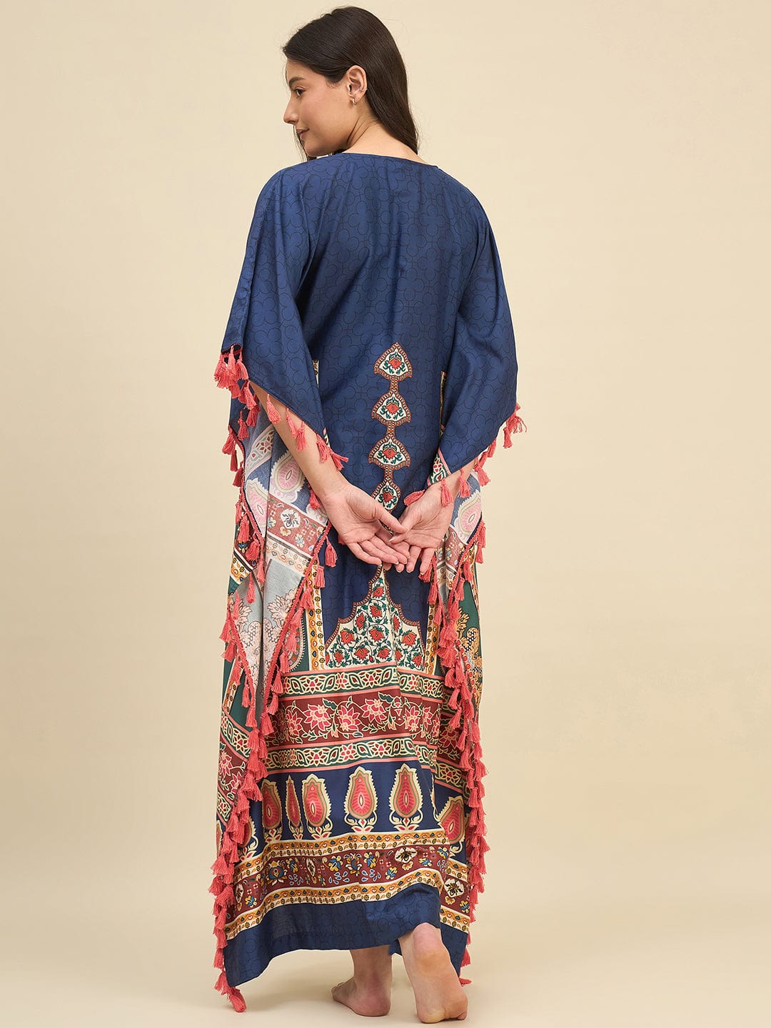 The Kaftan Company Kaftan Navy Blue Ethnic Printed Kaftan – Tassel Tie-Up & Statement Borders