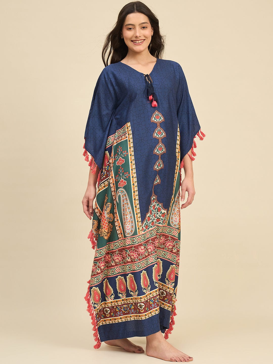 The Kaftan Company Kaftan Navy Blue Ethnic Printed Kaftan – Tassel Tie-Up & Statement Borders