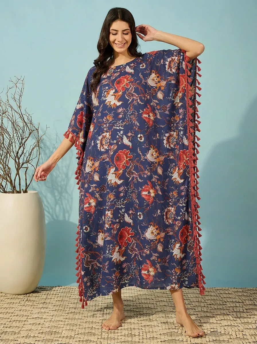 The Kaftan Company Kaftan Navy Blue Floral Modal Kaftan with Tassel Trim and Pockets