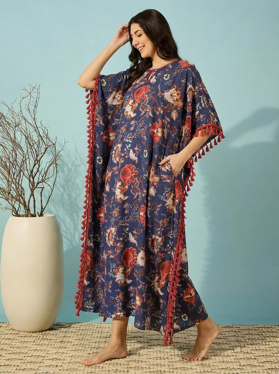 The Kaftan Company Kaftan Navy Blue Floral Modal Kaftan with Tassel Trim and Pockets