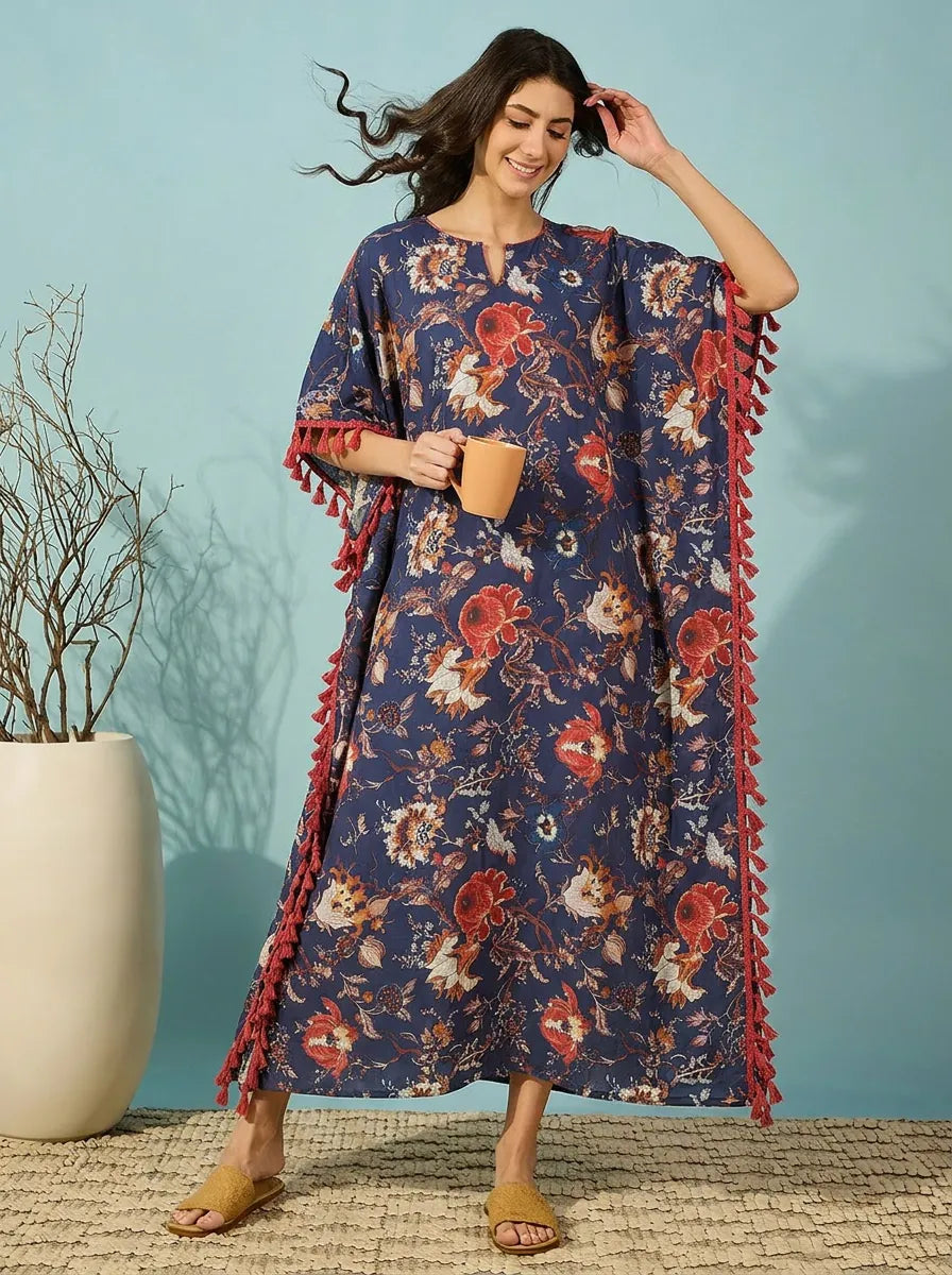 The Kaftan Company Kaftan Navy Blue Floral Modal Kaftan with Tassel Trim and Pockets