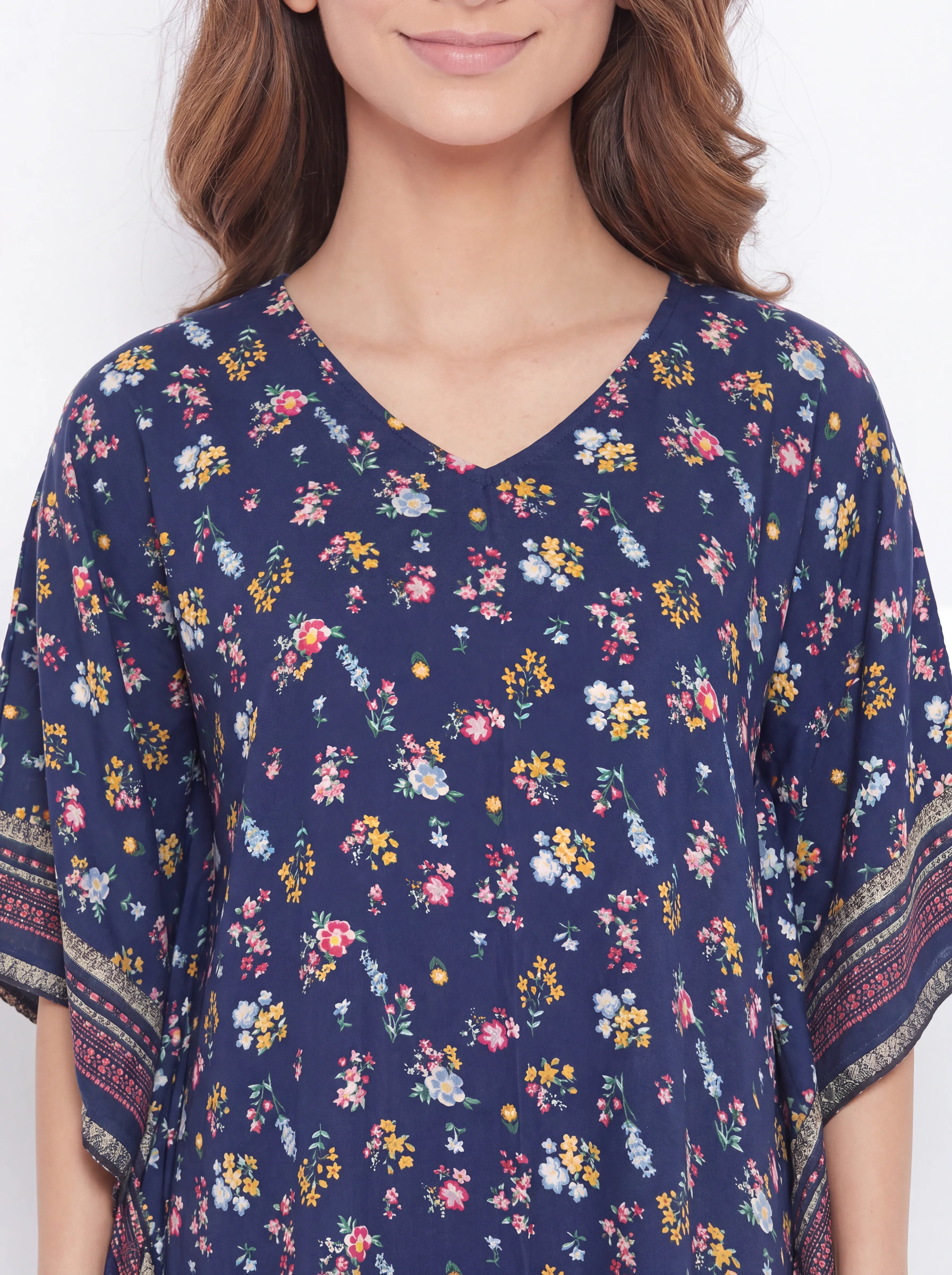 The Kaftan Company Kaftan Navy Ditsy Floral Print Midi Kaftan with Border Trim