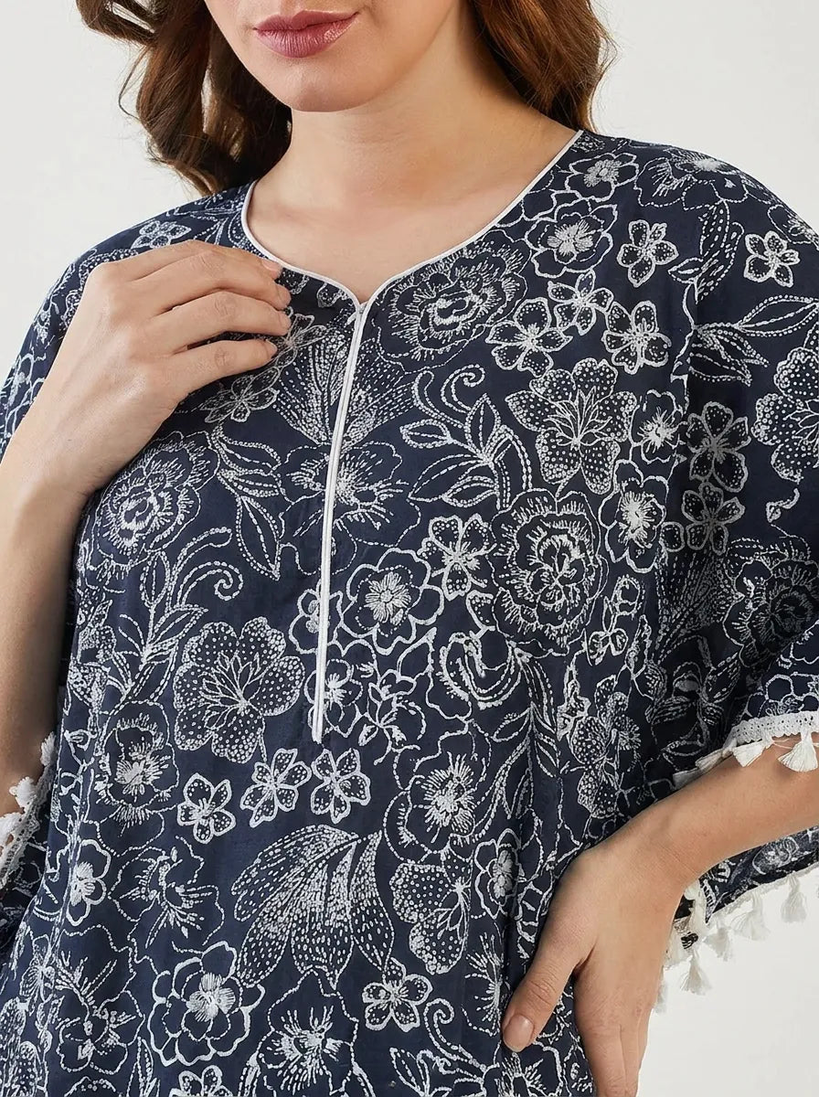 The Kaftan Company Kaftan Navy Floral Print Maternity Kaftan with Tassel Trim
