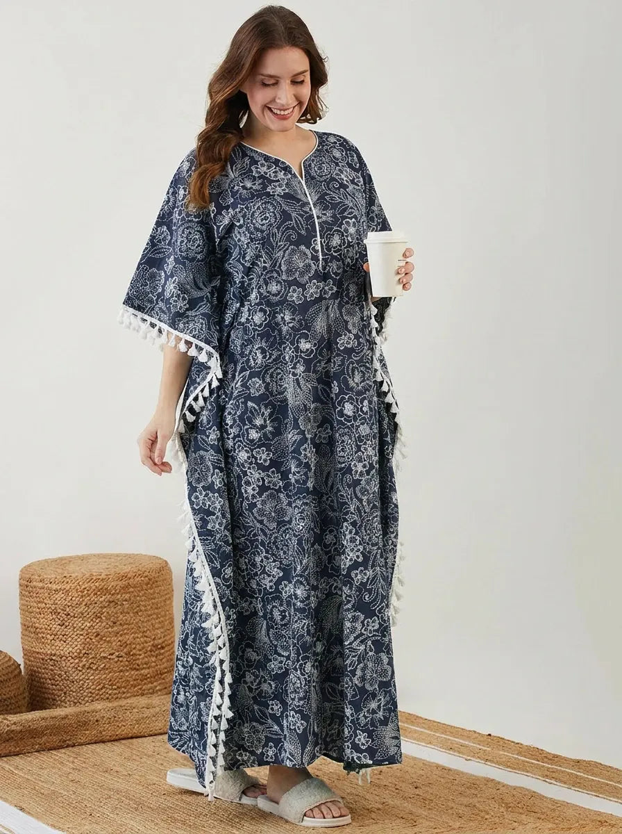 The Kaftan Company Kaftan Navy Floral Print Maternity Kaftan with Tassel Trim