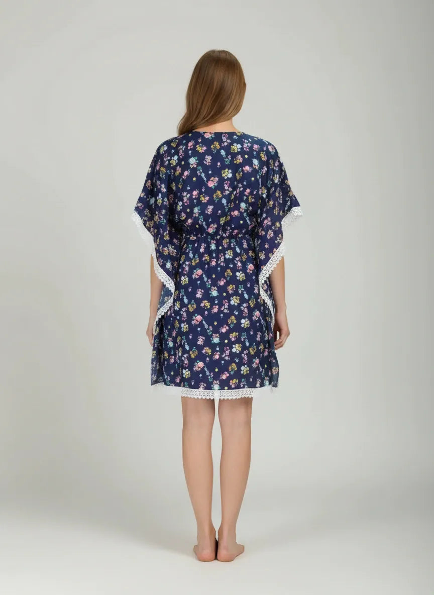The Kaftan Company Kaftan Navy Floral Printed Viscose Kaftan with Lace Trim