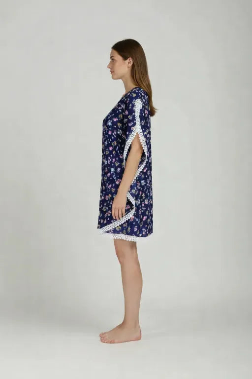 The Kaftan Company Kaftan Navy Floral Printed Viscose Kaftan with Lace Trim