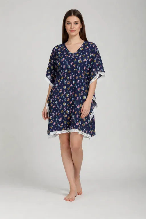 The Kaftan Company Kaftan Navy Floral Printed Viscose Kaftan with Lace Trim