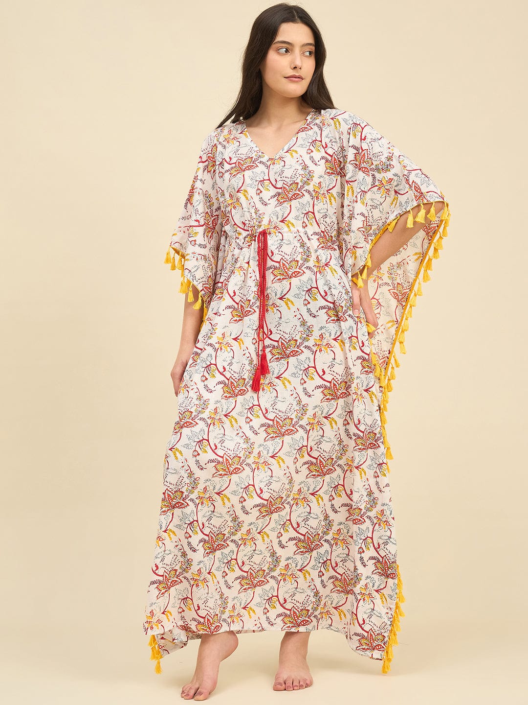 The Kaftan Company Kaftan Off-White Floral Cotton Kaftan – Drawstring Waist with Yellow Tassels