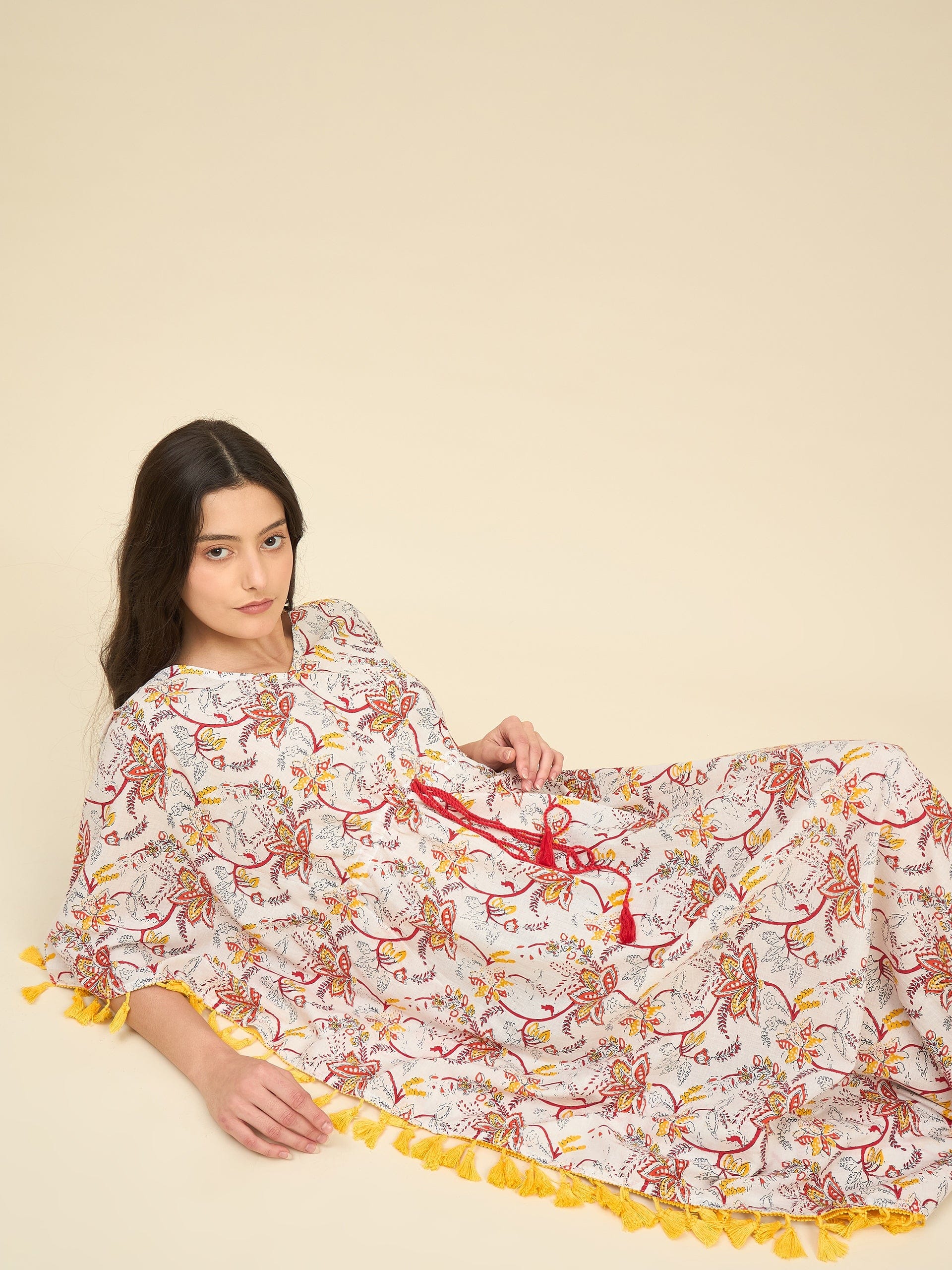 The Kaftan Company Kaftan Off-White Floral Cotton Kaftan – Drawstring Waist with Yellow Tassels