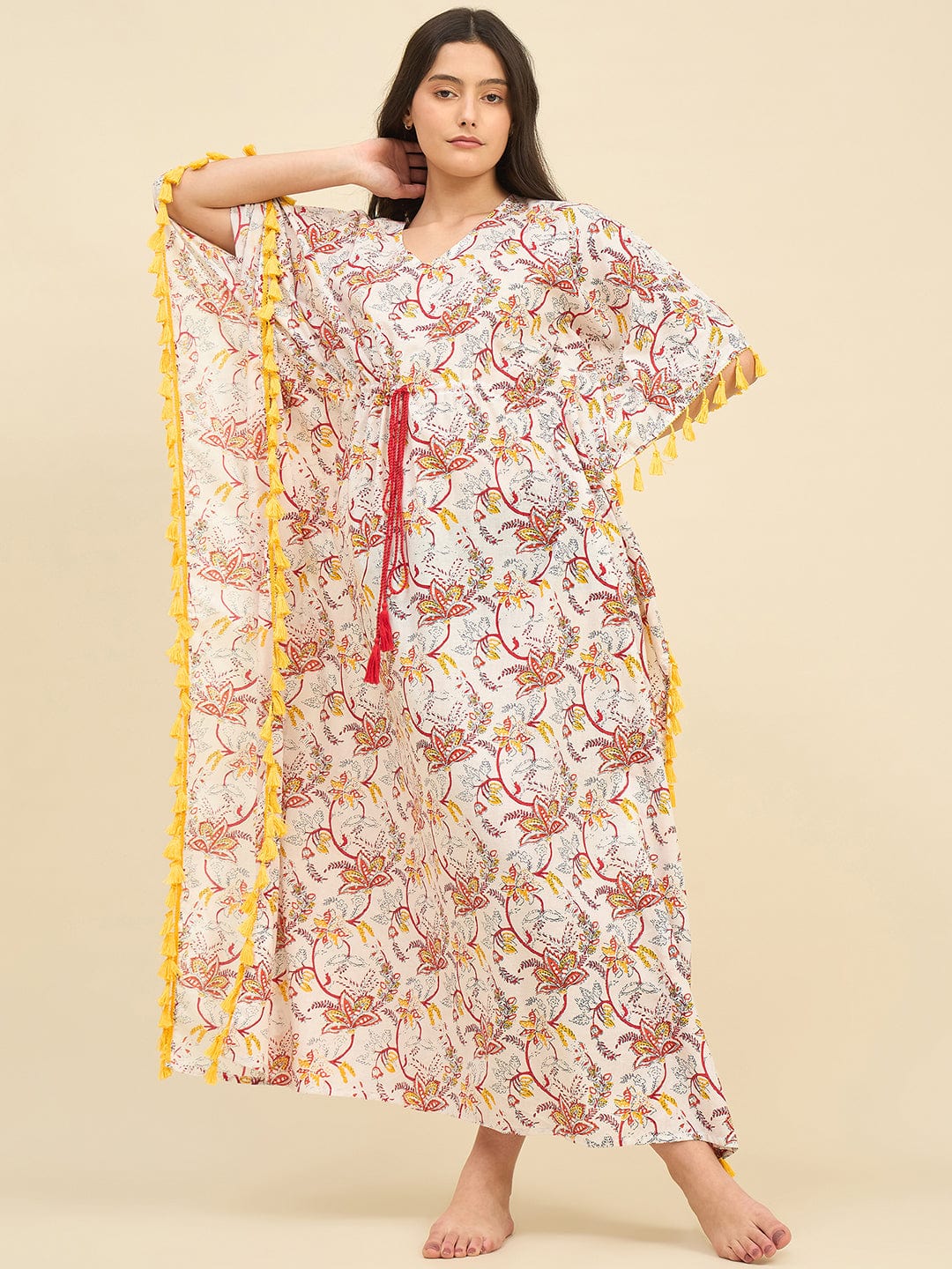 The Kaftan Company Kaftan Off-White Floral Cotton Kaftan – Drawstring Waist with Yellow Tassels
