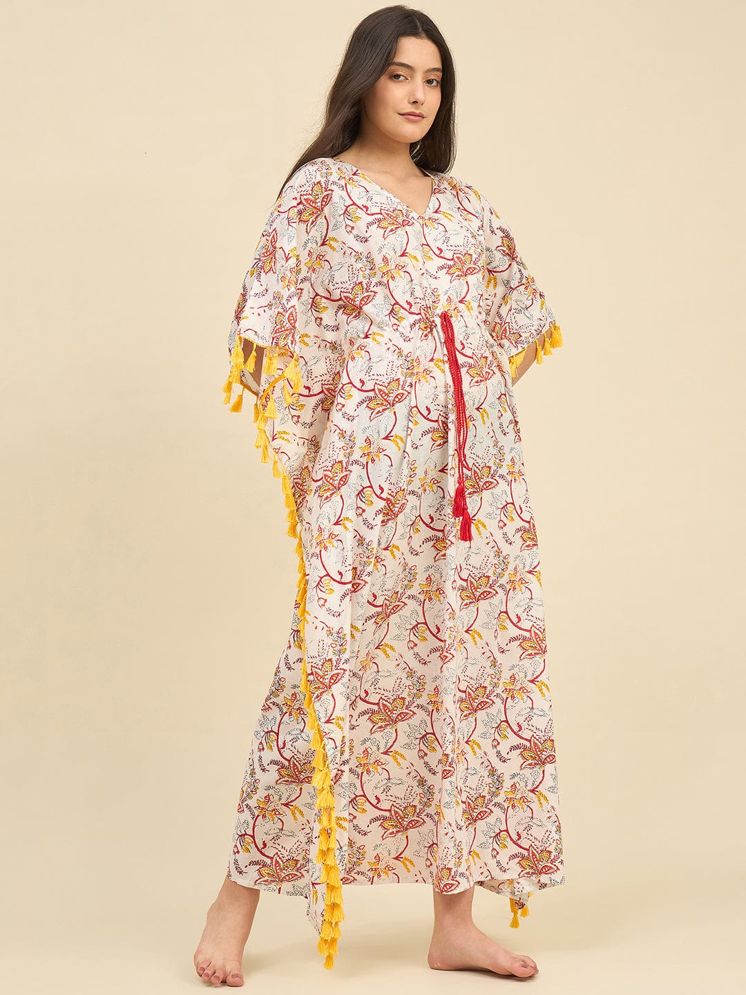 The Kaftan Company Kaftan Off-White Floral Cotton Kaftan – Drawstring Waist with Yellow Tassels