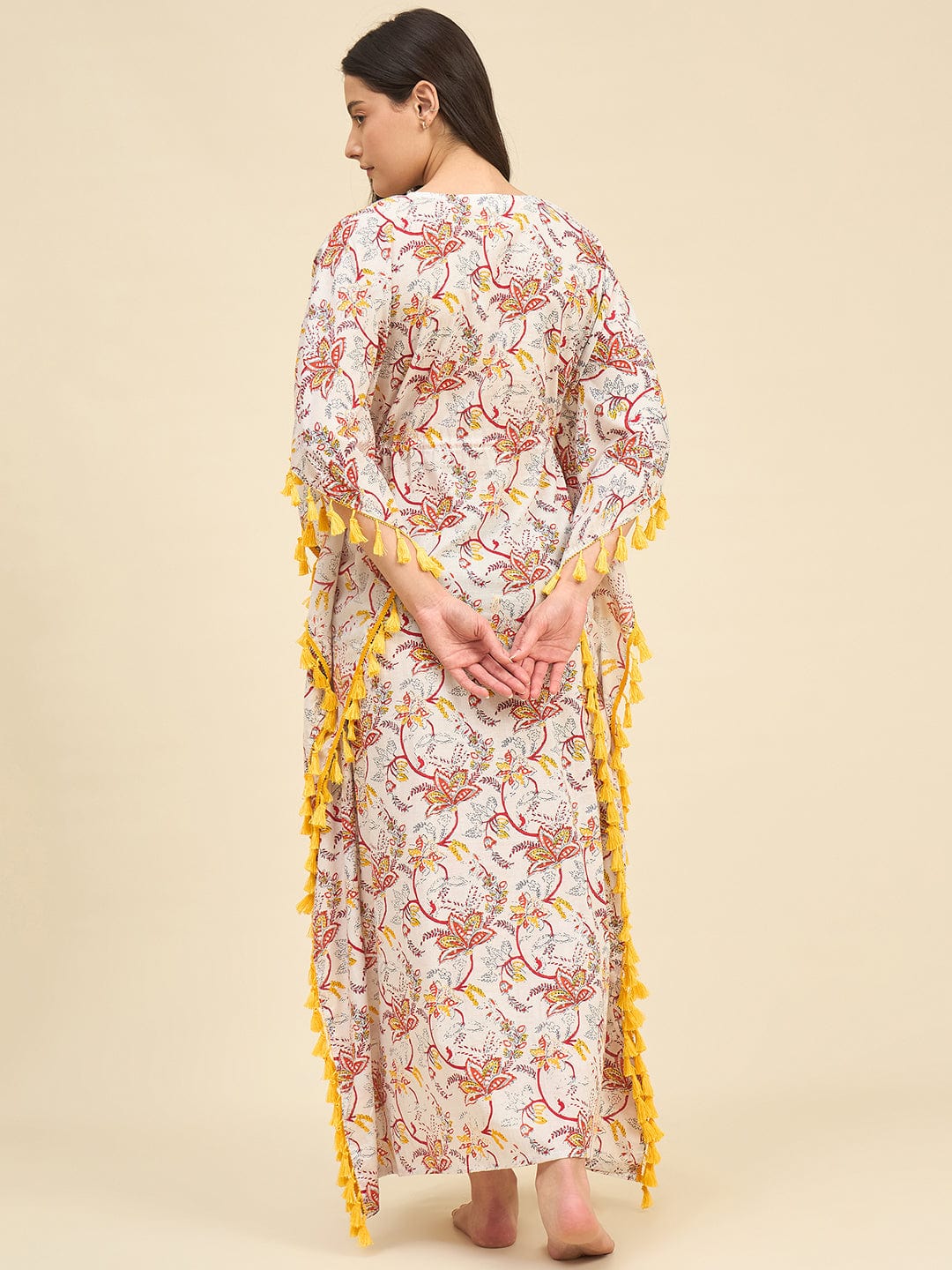 The Kaftan Company Kaftan Off-White Floral Cotton Kaftan – Drawstring Waist with Yellow Tassels