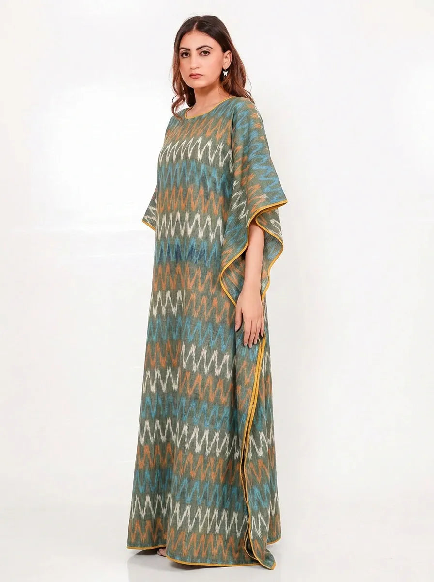 The Kaftan Company Kaftan Olive Green Ikat Cotton Kaftan with Pockets