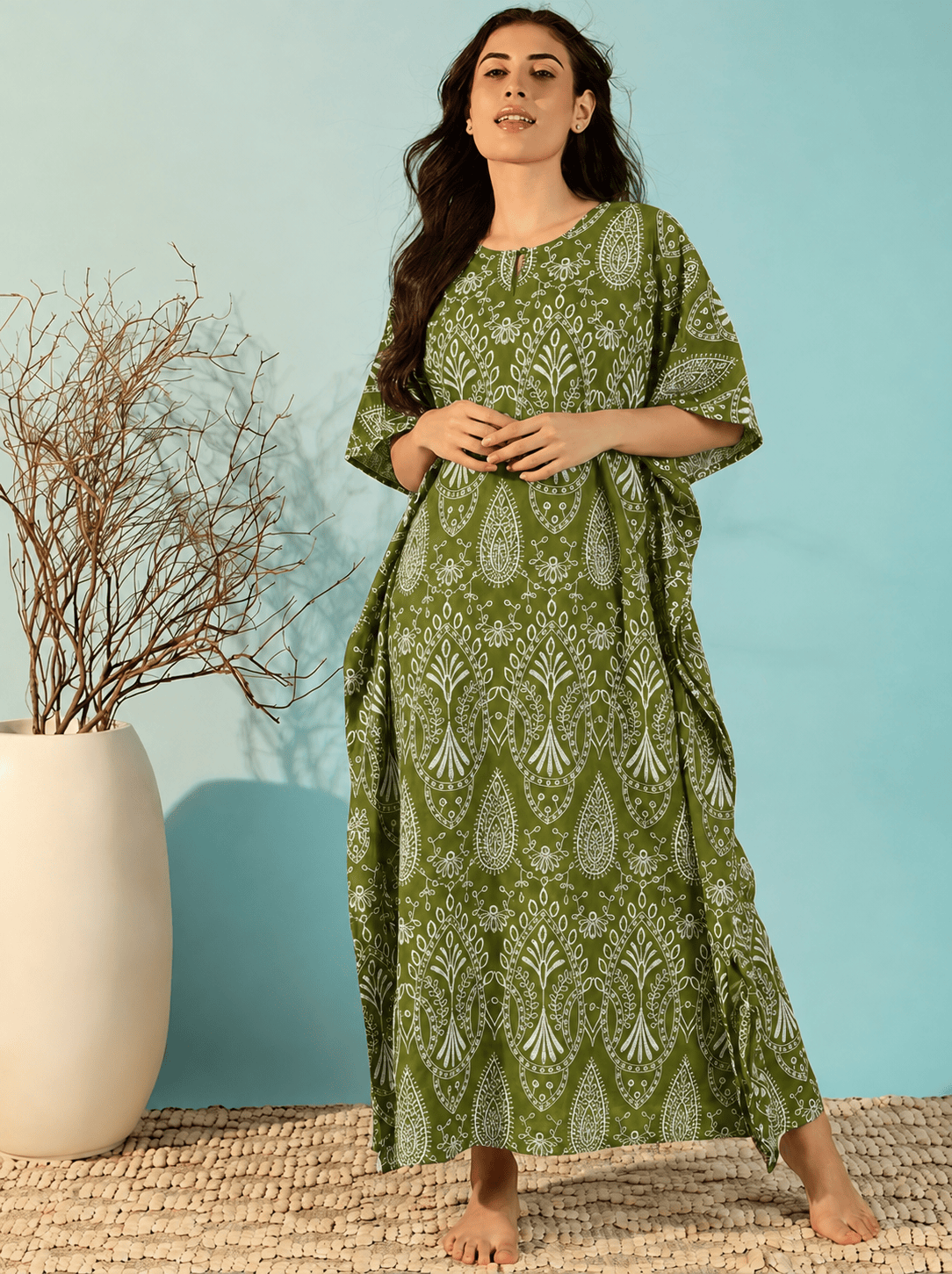 The Kaftan Company Kaftan Olive Green Paisley Print Cotton Kaftan