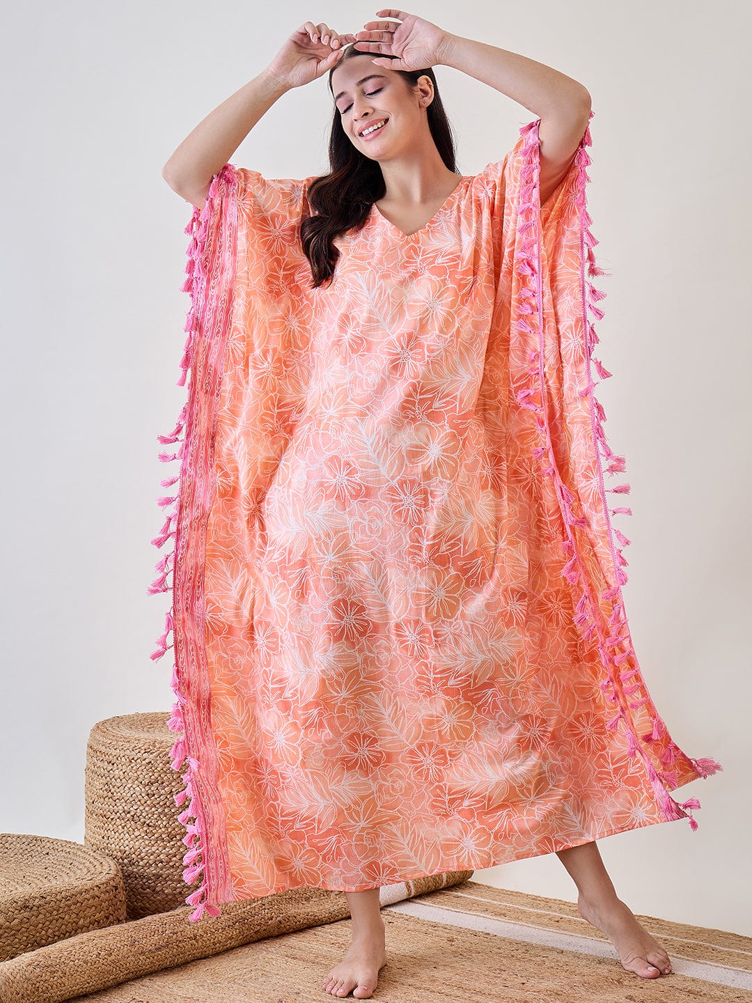 The Kaftan Company Kaftan Orange Abstract Floral Pink Tasseled Cotton Kaftan Nightdress