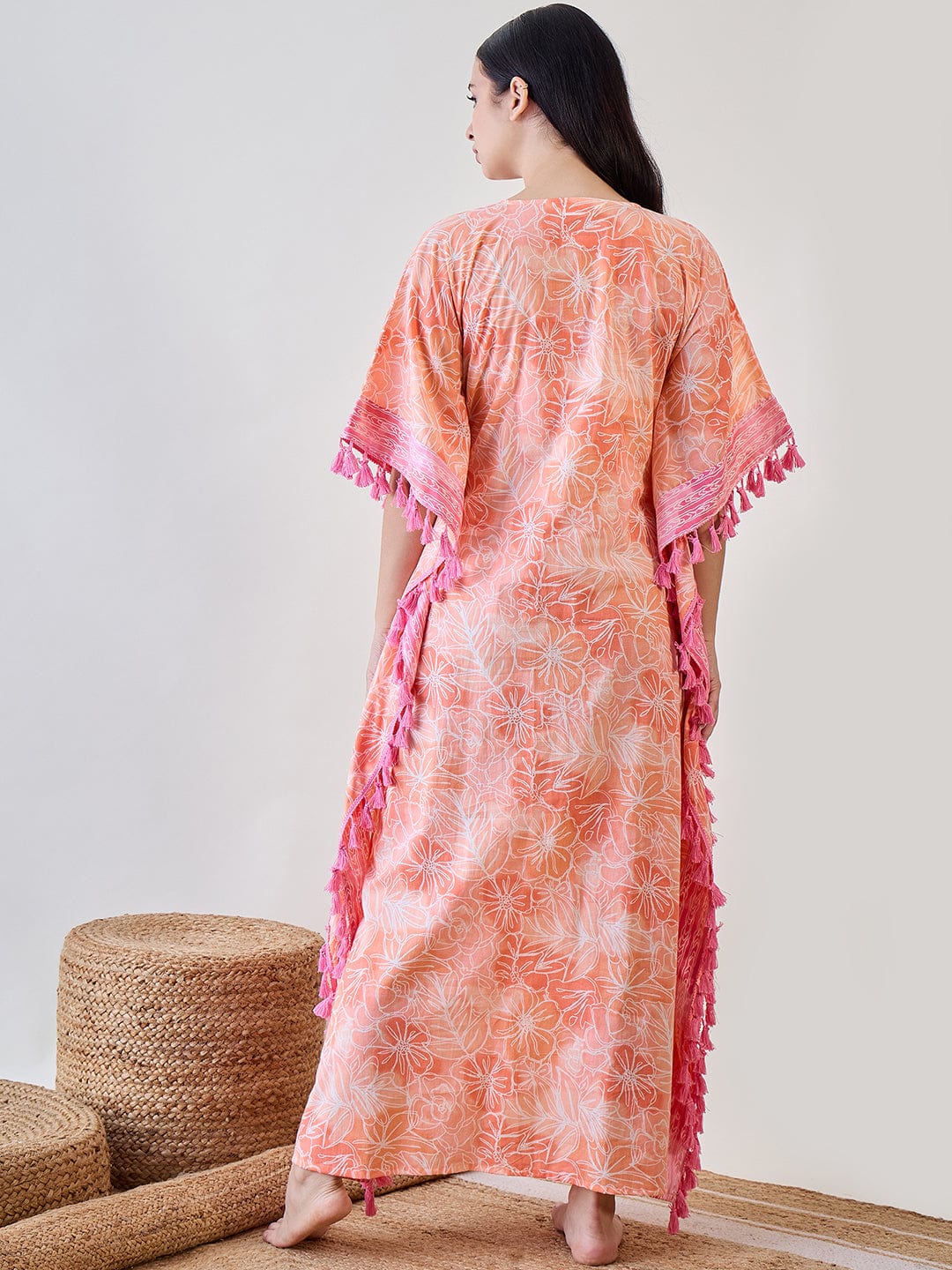 The Kaftan Company Kaftan Orange Abstract Floral Pink Tasseled Cotton Kaftan Nightdress