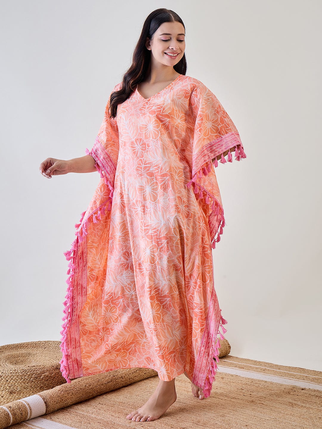 The Kaftan Company Kaftan Orange Abstract Floral Pink Tasseled Cotton Kaftan Nightdress